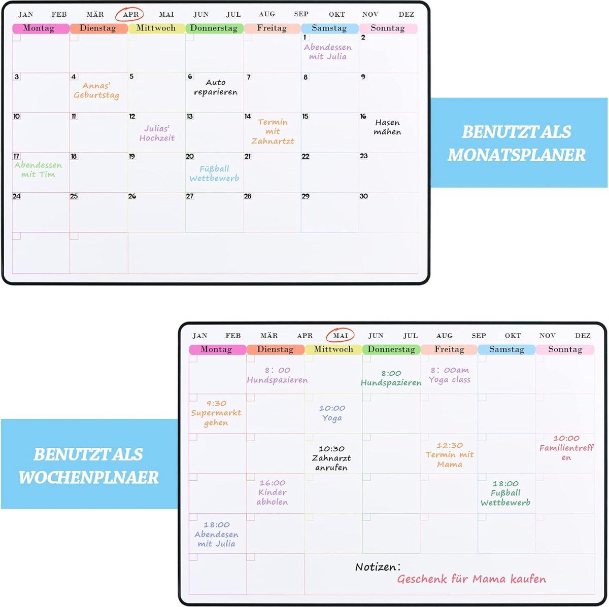 Whiteboard Familieweekplanner Maandplanner Dagplanner To-Do-Lijst - Afwasbaar Magneetbord voor Koelkast - Maandkalender Memobord Afsprakenplanner in het Duits - Magnetisch