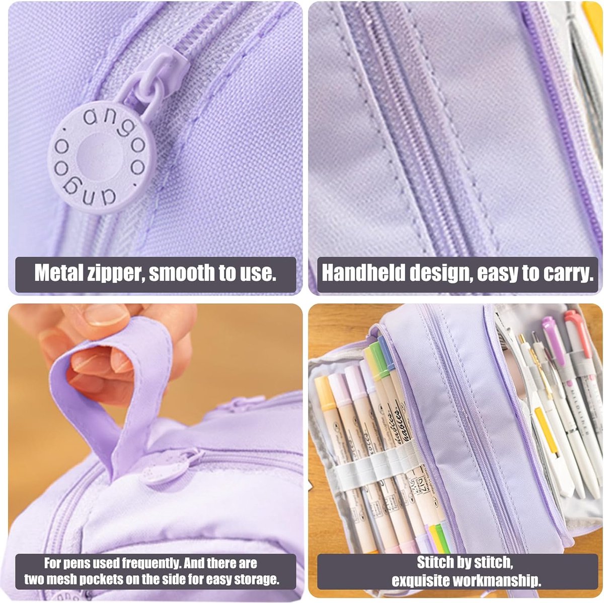 Large pencil case with 3 compartments for sorting stationery, pencil case for girls, pencil case for teenagers and pencil case, practical handheld design (purple),