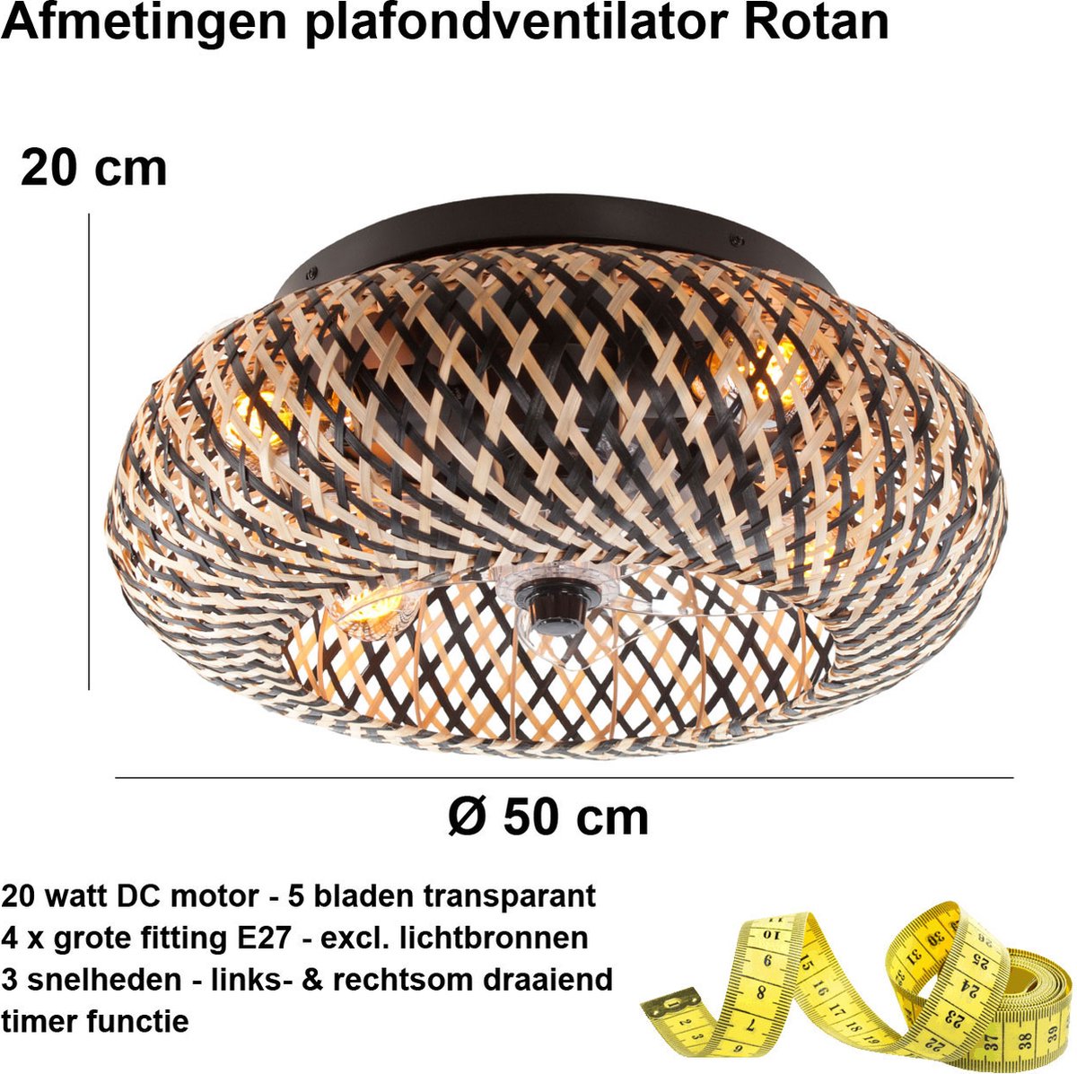 Ceiling fan with light - Rattan natural / black Ø 50 cm