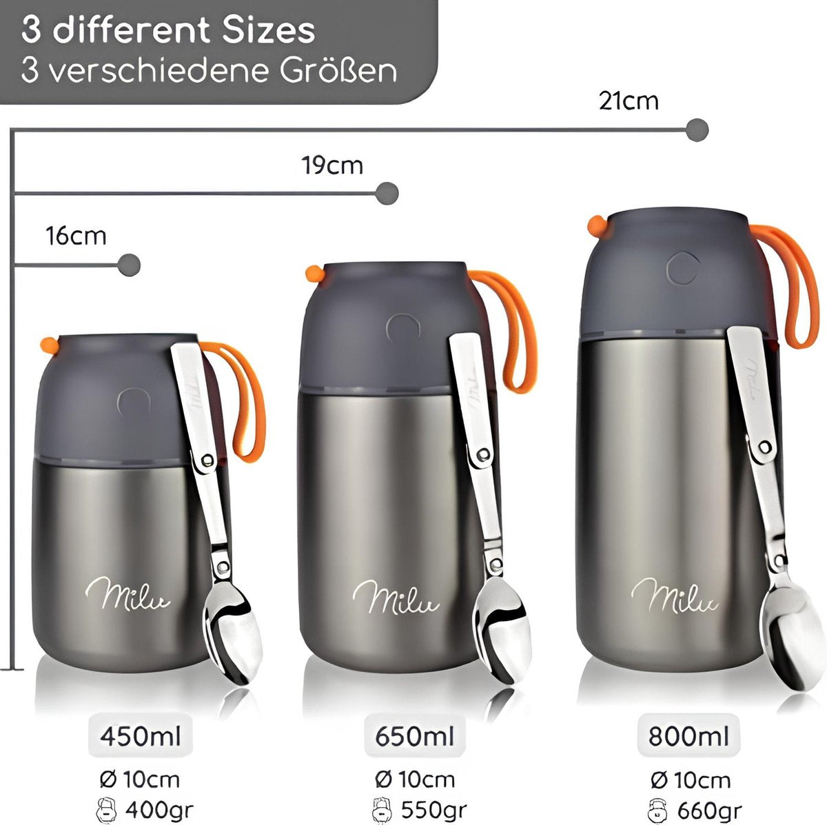 Thermo lunchbox 450, 650, 800 ml | Roestvrijstalen isolatiehouder voor warme gerechten, eten, babyvoeding, soep, fruit | Thermobox voor baby | Thermodoos (Grijs, 650ml)