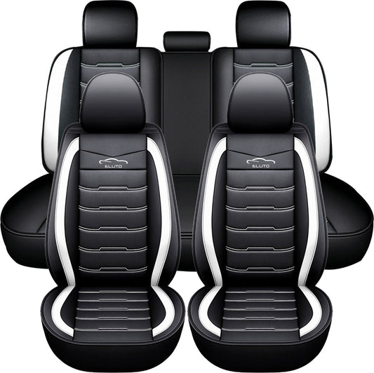 Universal 5-Seater Car Seat Covers PU Leather - Breathable Non-Slip - Black and White