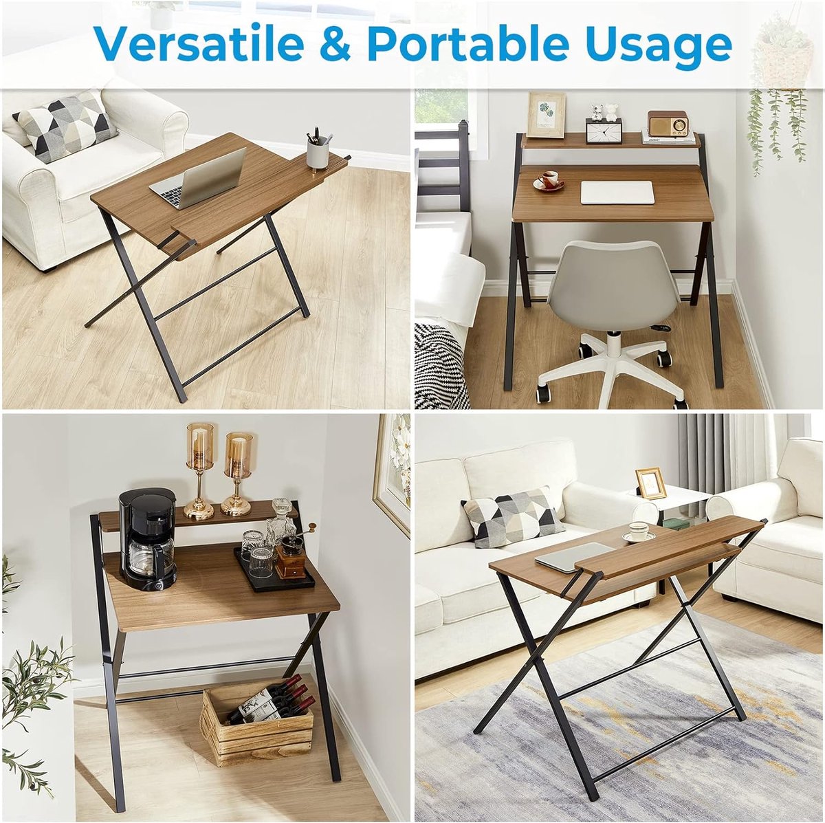 GreenForest Kleine Opvouwbare Computertafel met Plank, Geen Montage Vereist, 75 x 52 cm Bureau voor Thuiskantoor, Kleine Werktafel, Bruin