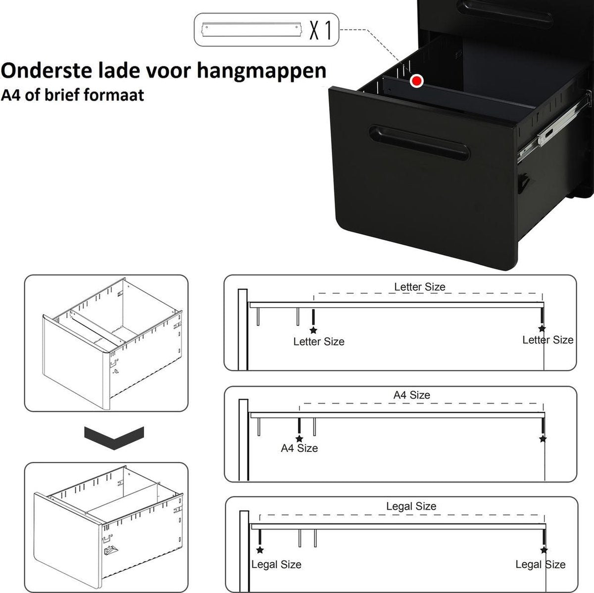 Ladeblok - Ladeblok bureau - Bureaukast - Archiefkast - 3 lades - Met slot - Staal - Zwart