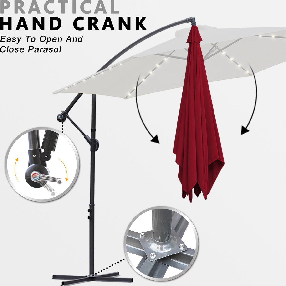 Zweefparasol - Strandparasols - Balkonparasols - Solar LED parasol Waterdicht - Parasol - Parasols - Ø 350cm - 3.5m - Tuinparasol - Zonne-energie - Rood - Draai- en Kantelbaar - 360° draaibaar - Duurzame Zweefparasol - Met voet