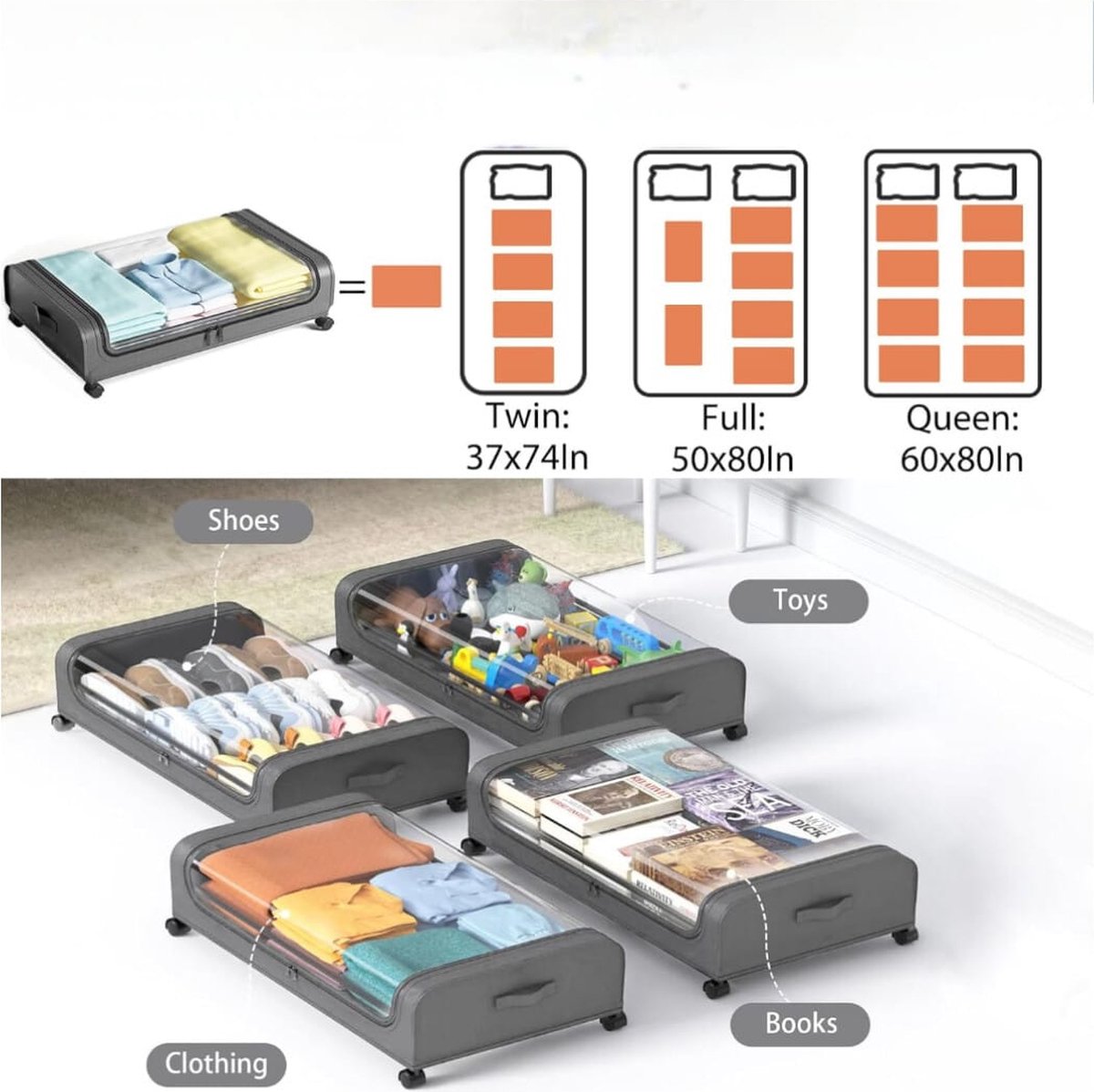 YOLO SHOP® Opbergbox onder Bed - 2 Stuks - met Wielen Deksel Rollend Metalen Frame Onderbed Containers Helder Venster - Opbergtas Doos Organisatie Thuis