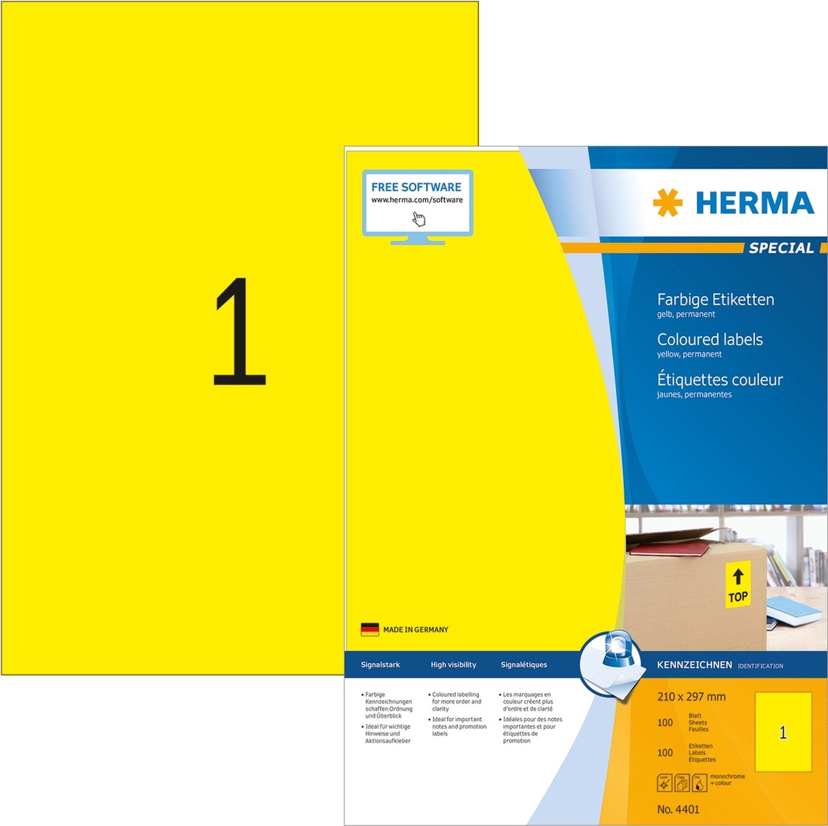 Herma gekl. etik. geel 210x297 100 vel DIN A4 100 stuks 4401