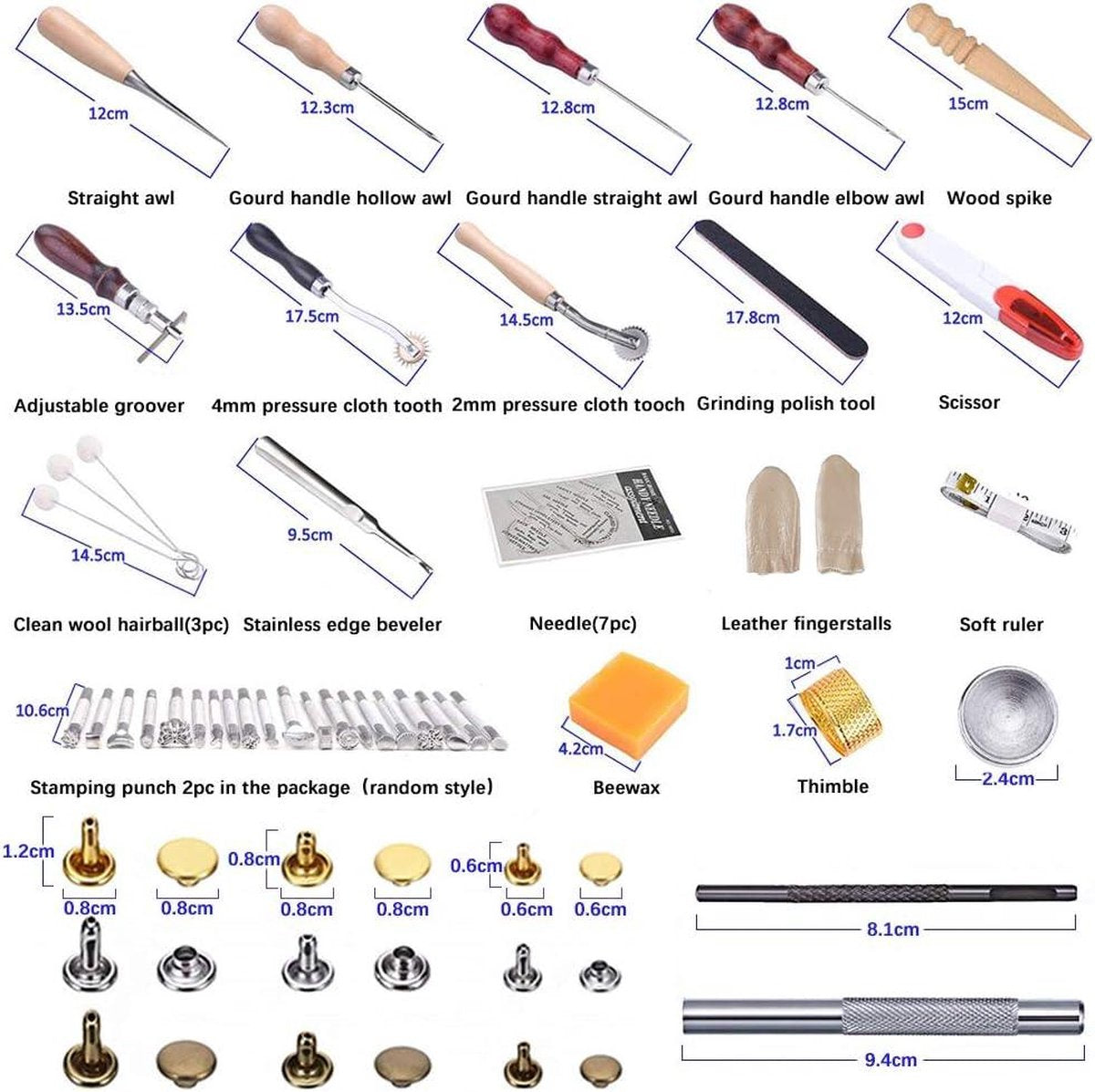 336-delige leervakgereedschapset - doe-het-zelf leervakset met drukknopen - leerpons, handwerkboor, slijpen, naaien, stiksels, stempelen, snijwerk