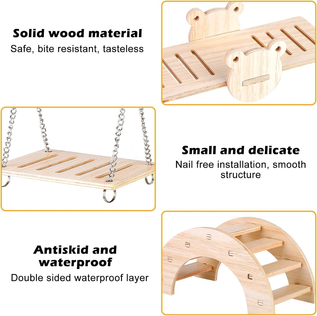 Wooden Hamster Toys, 6 Pcs DIY Hamster Chew Toys, Hamster Hideout House Bridge Seesaw Swing Exercise Toys, Hamster Cage Accessories for Gerbils