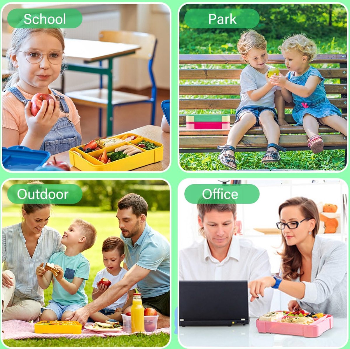 Lunchbox 1300 ml, lekvrij, broodtrommel voor kinderen met 5 vakken en bestekset, BPA-vrij, broodtrommel voor kinderen en volwassenen, geschikt voor magnetron, vaatwasser (groen)