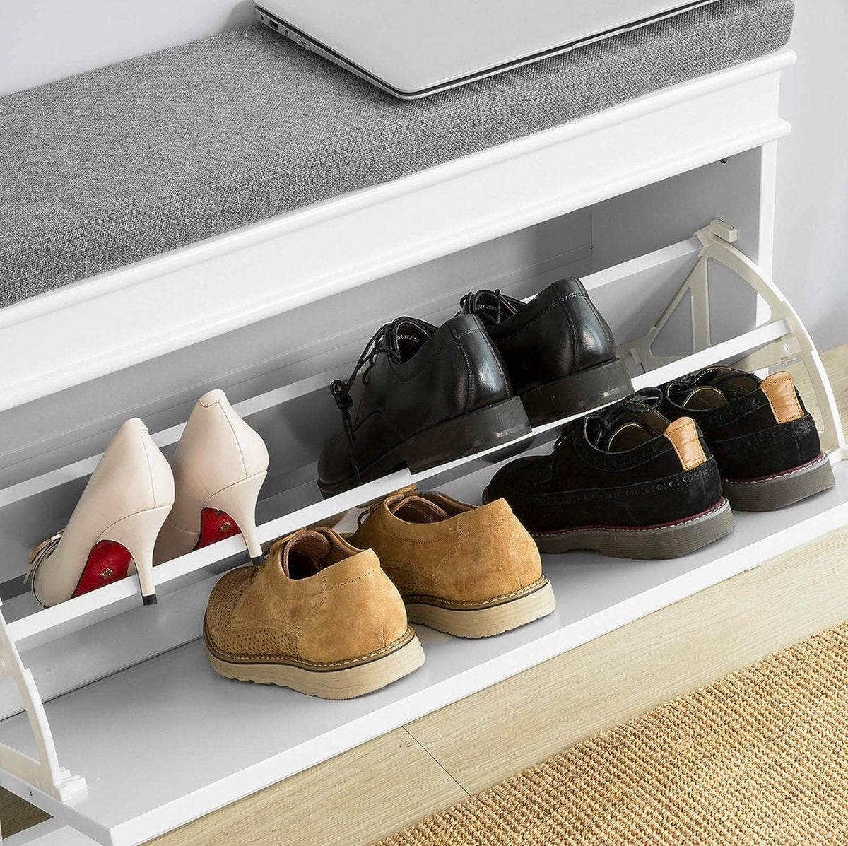 Shoe Bench with Seat Cushion - Shoe Cabinet - Practical Storage Compartment - 2 Tiers - Hallway Furniture - White - Beautiful Design - Stenberi