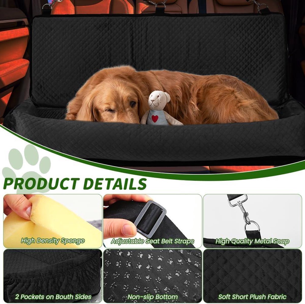 Car seat bed for large and extra large dogs - pet booster back seat - 47 inch x 50 cm - pet travel bed - back seat protector with pocket - SUVs - removable and washable dog bed car