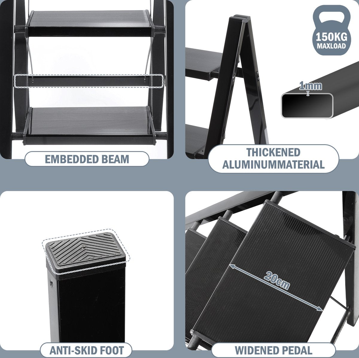 Stepladder Folding Ladder 3 Steps Kitchen Step Stool Foldable - Anti-Slip - Step Ladder Alu Black