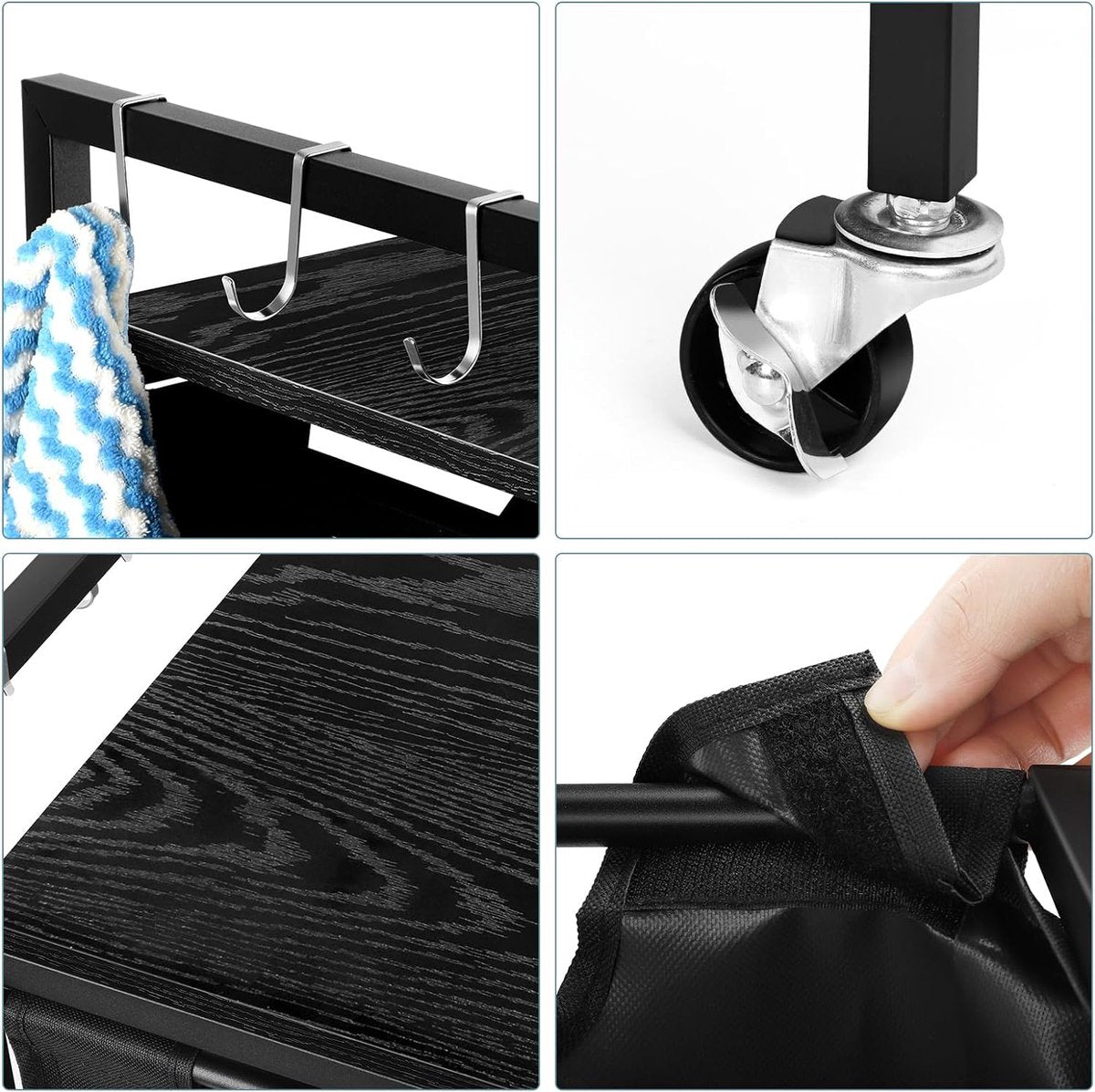 Laundry Hamper with 3 Sections and Shelf, Rustic Oxford Fabric Laundry Bag, Pull Out and Removable Clothes Sorting, Laundry Baskets with Wooden Board and Wheels, Black