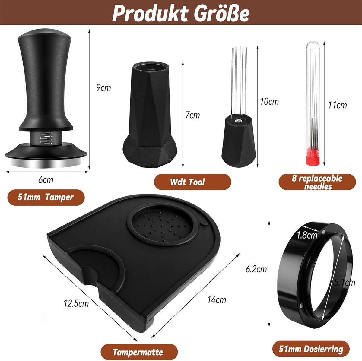 Tamper set - 5 accessoires voor koffie tampen inclusief tamper - 51 mm naalden - WDT Tool - reservenaalden - doseerring - 51 mm tampmat - barista's beginners experts