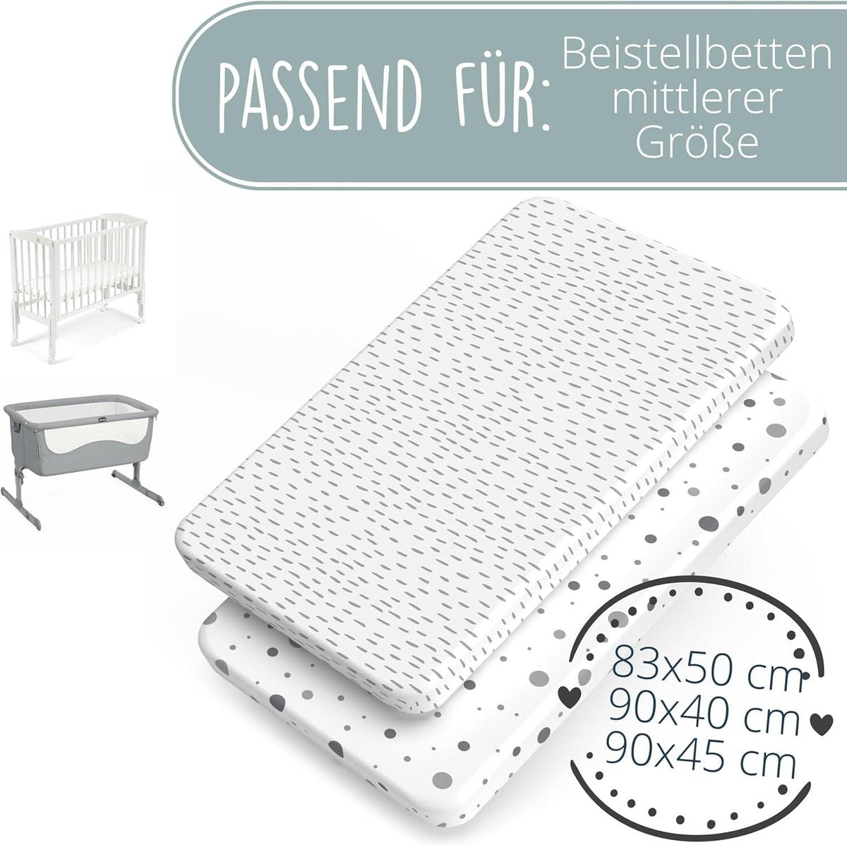 2 x Premium hoeslakens voor bijzetwieg 90x40 90x45 90x50 cm OEKO-Tex - 100% jersey katoen - stippen en lijnen grijs wit