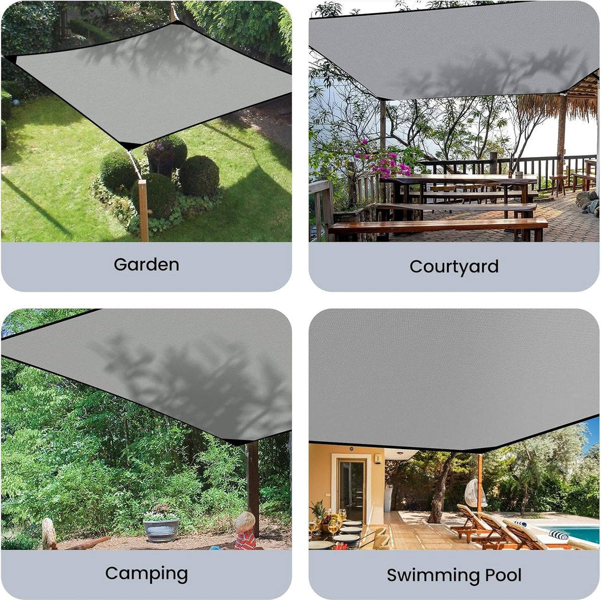 Rechthoekig zonnezeil, 3 x 4 m, vierkante polyester luifel met ogen en bevestigingstouwen voor tuin, terras, camping, buitenruimte, weerbescherming, 95% UV-bescherming, waterdicht,