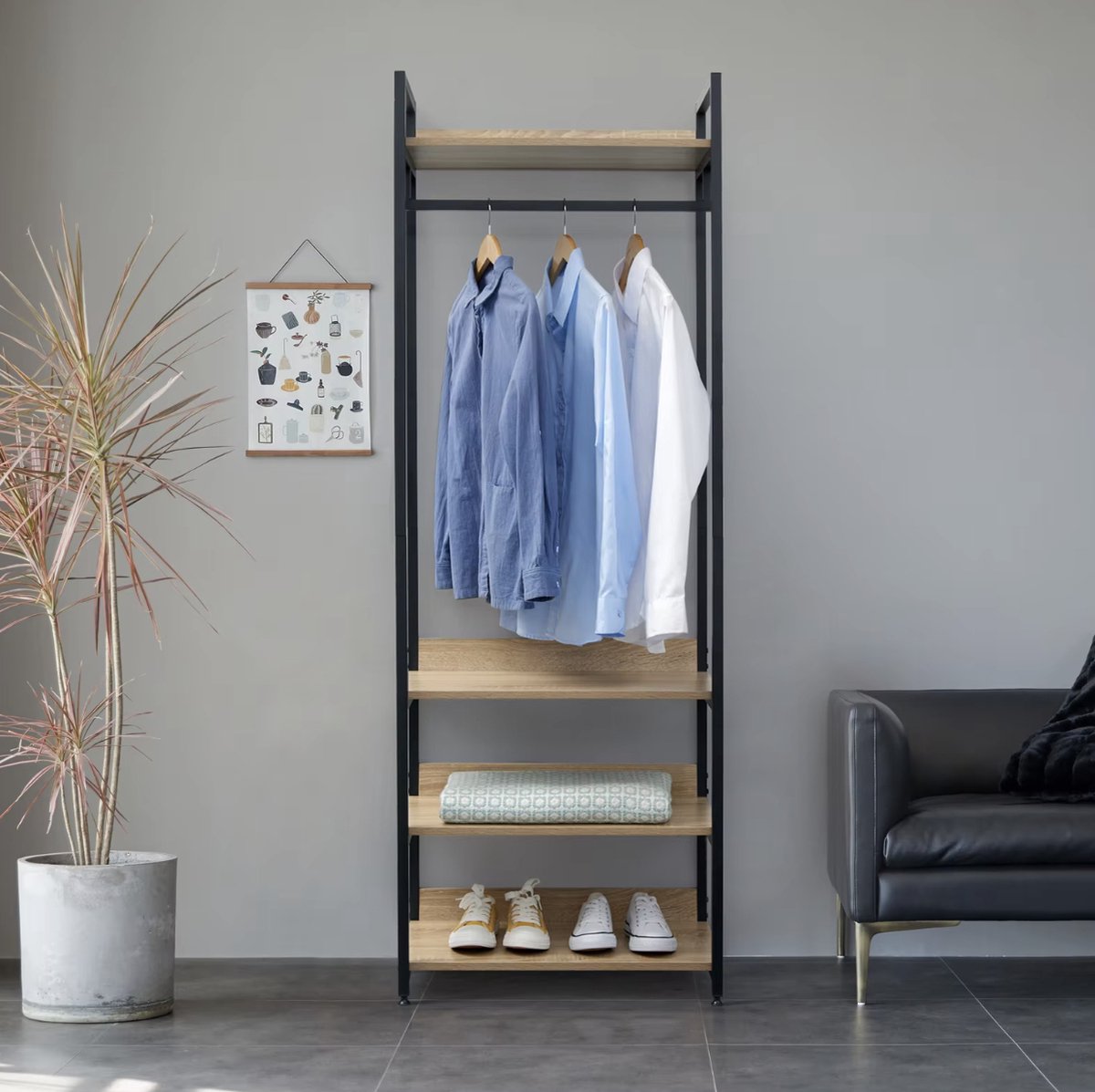 J&R Kapstok - Garderobe - Garderoberek - Kast - Kapstok staand - Kapstok met schoenenrek - Kledingrek - Eikenhout - Zwart metaal - 56x36x170