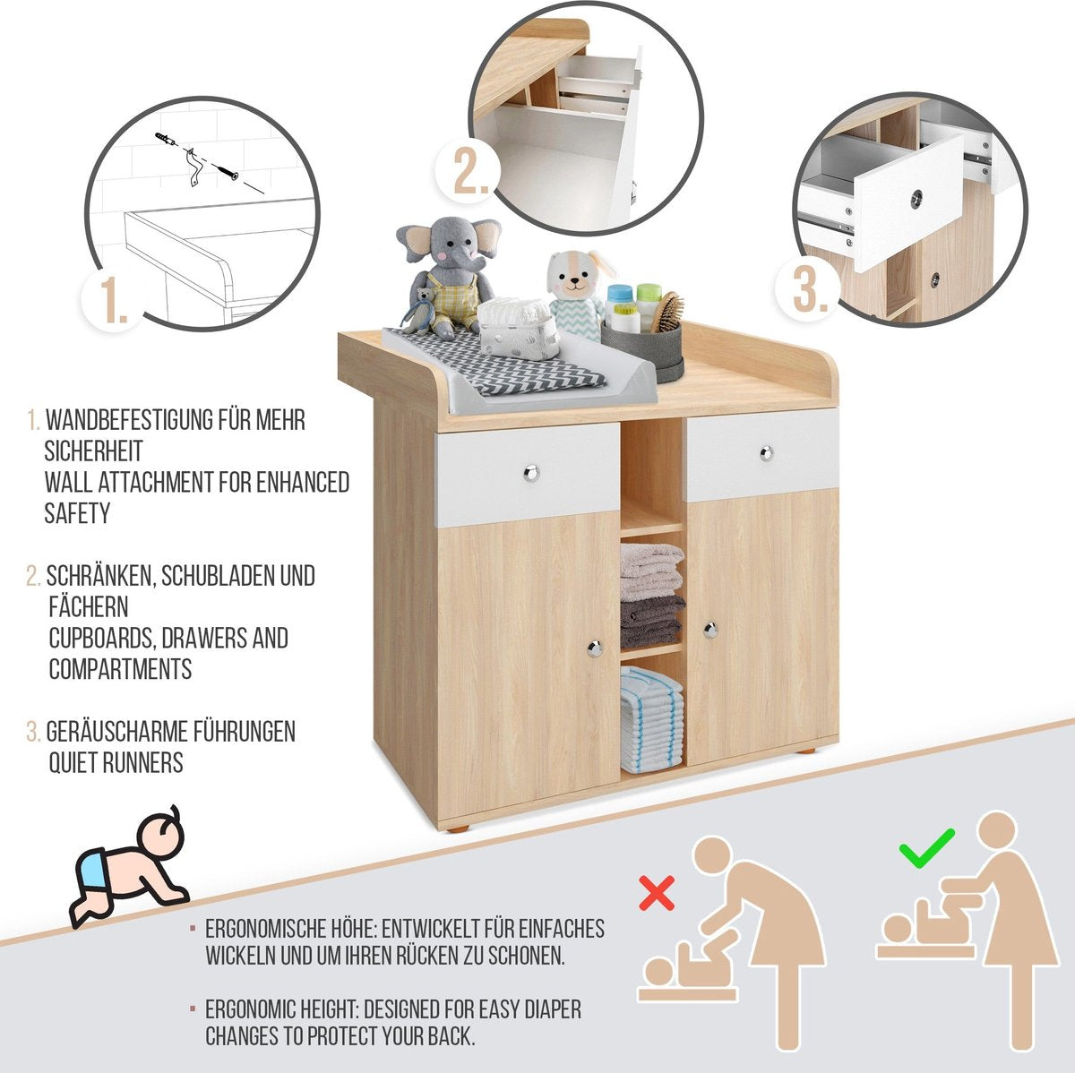 Infantastic - Babycommode met 2 grote lades en 5 vakken - Ladekast met Opbergruimte - Veelzijdig Omkleedmeubel met Organiser - 90x69x92 cm (LxBxH) - Eikenfineer