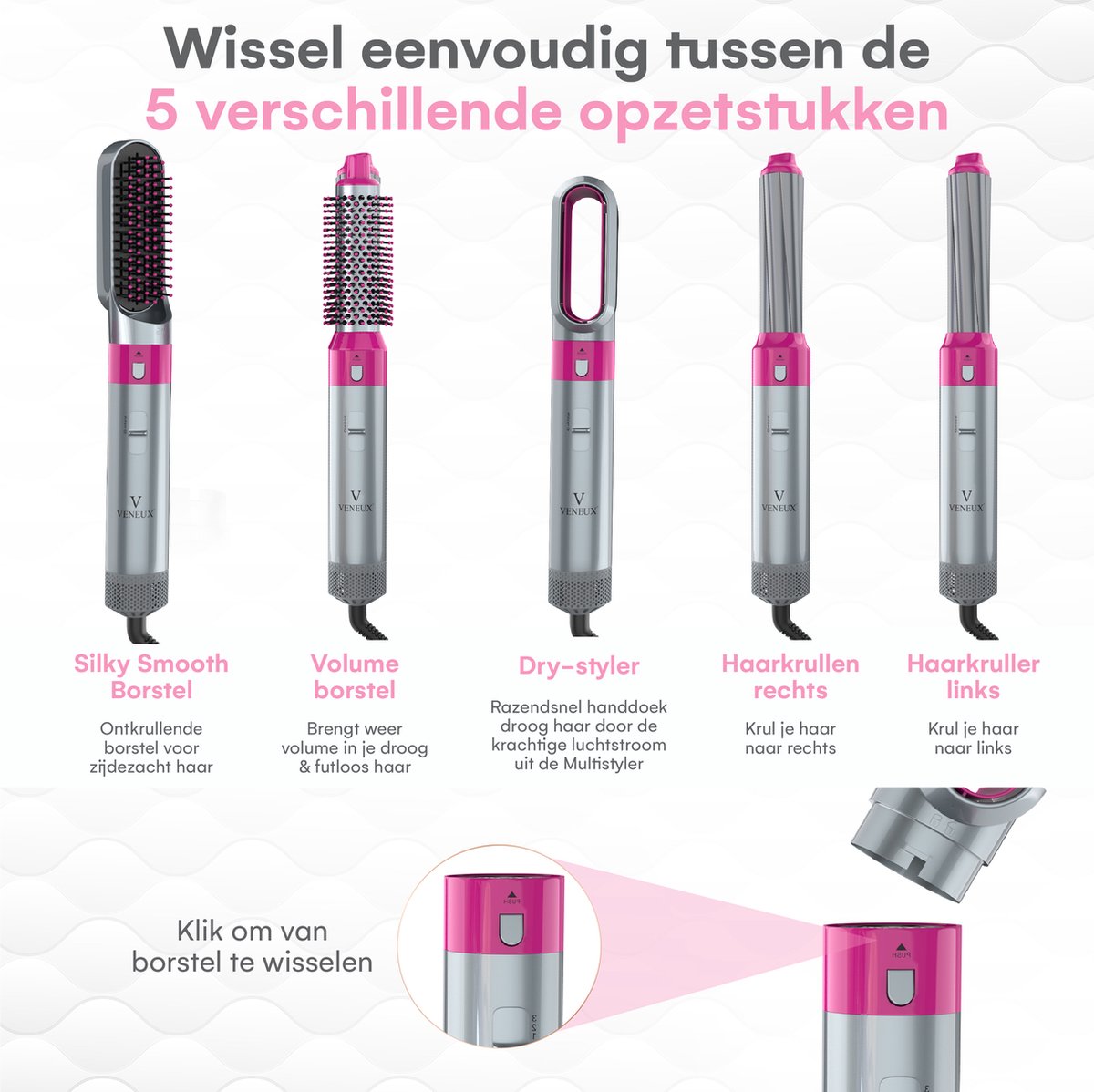 VENEUX® Föhnborstel - Airstyler - Krulborstel - Krultangen - 5-in-1 Multistyler - Grijs