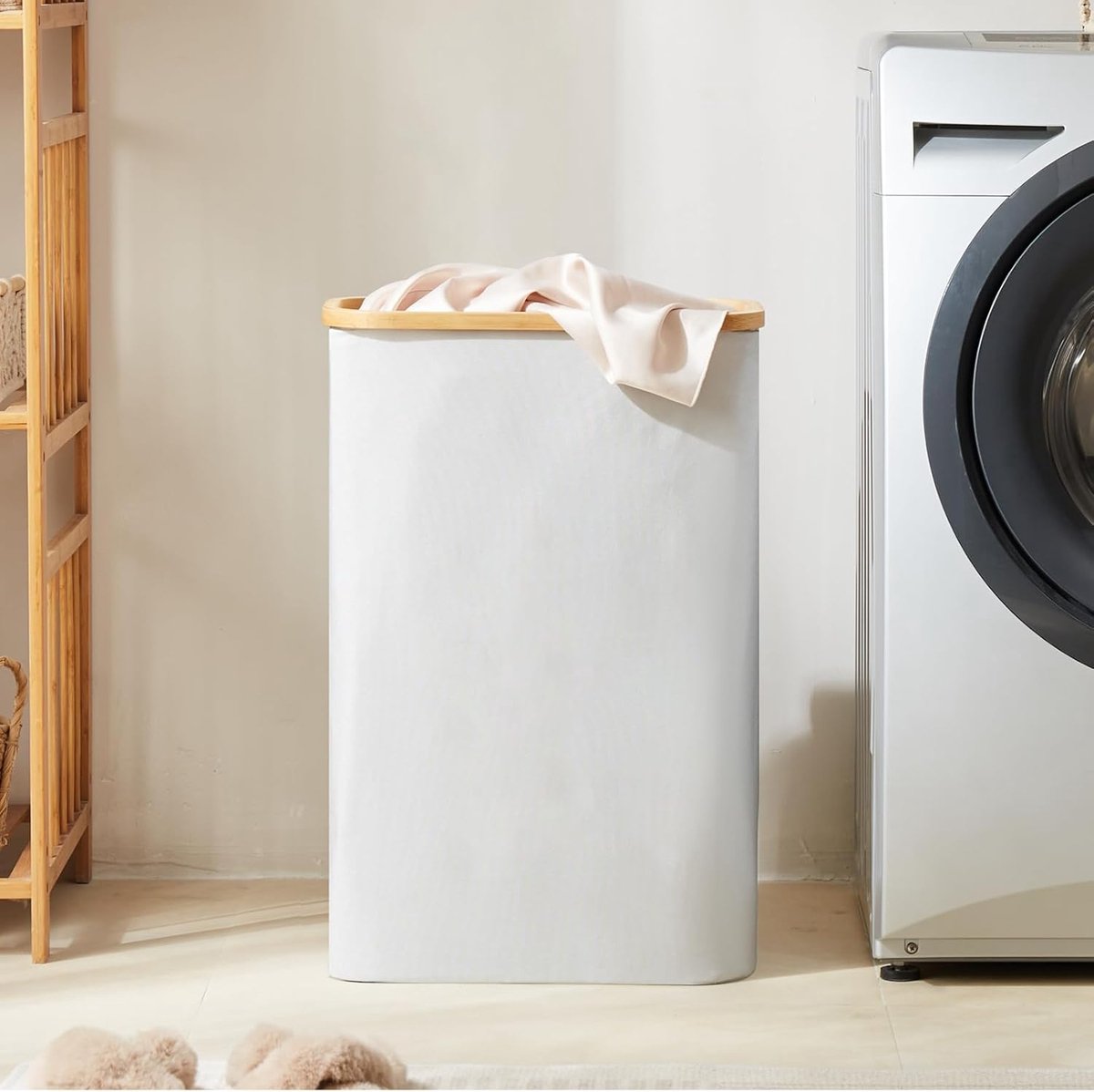 Wasmand met deksel - 48 liter - wasverzamelaar - smal - waszak - opvouwbare wasmand - hout - bamboe - hoge wasmand - grijs Wasmand 2.0