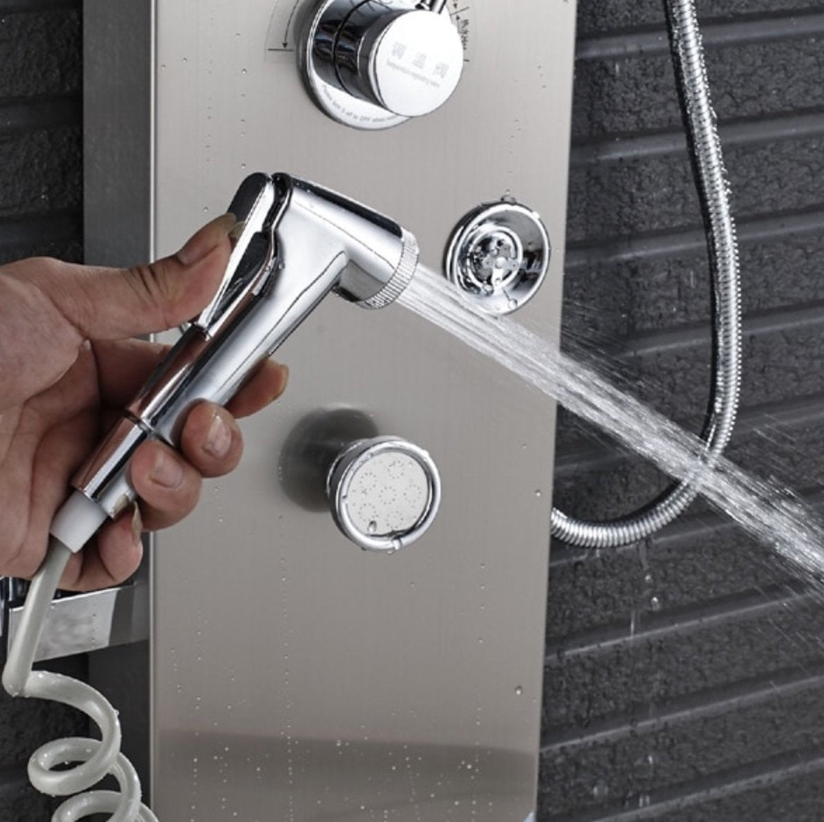 Shower panel SaniSupreme with Massage - Rain shower - Massage Jets - Waterfall Shower - With Thermostatic tap and Handheld shower - Silver - Surface-mounted - Shower head