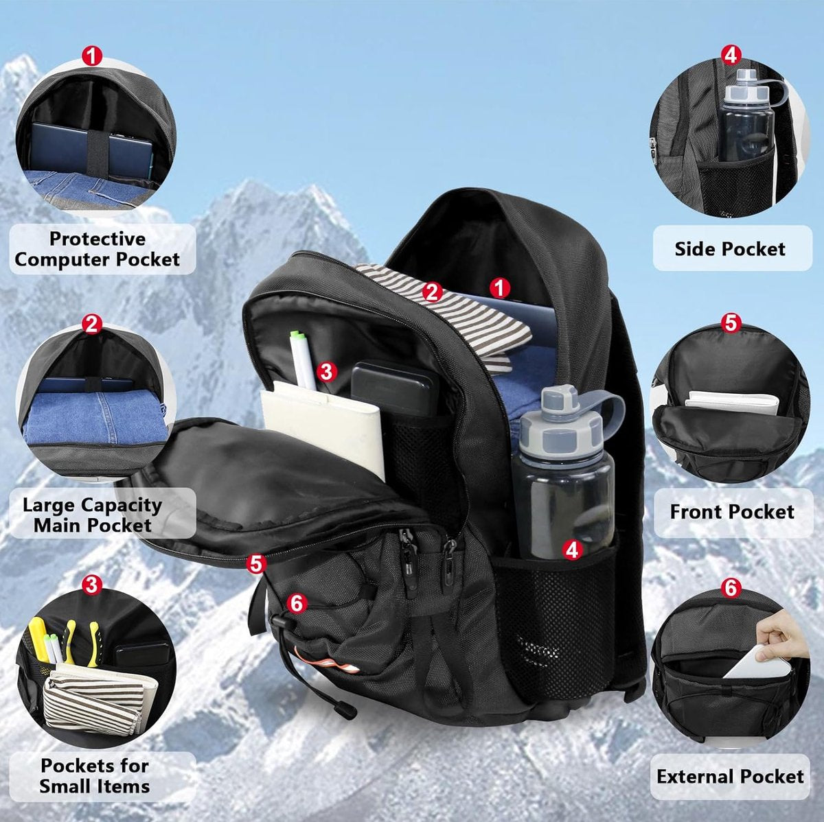 Herenrugzak, 40 liter, wandelrugzak, trekkingrugzak, waterdichte reisrugzak, uniseks, volwassenen, waterbestendig, outdoor rugzak voor klimmen, kamperen, paardrijden, reizen, Zwart 40 l