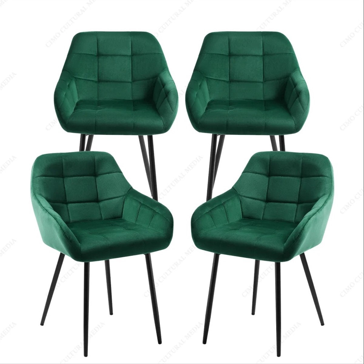 ByLoesje® Set van 4 Eetkamerstoelen Groen - Armleuningen - Fluweel - Gestoffeerd - Designstoel - Modern - Poten Zwart