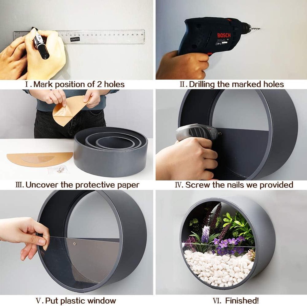Plantenbak - Set van 3 metalen ronde plantenbakken voor aan de muur, hangende muurvaas, bloempot voor binnen woondecor benodigdheden voor planten, cactus, vetplanten, sappig mos donkergrijs - hangend - 10 cm dik