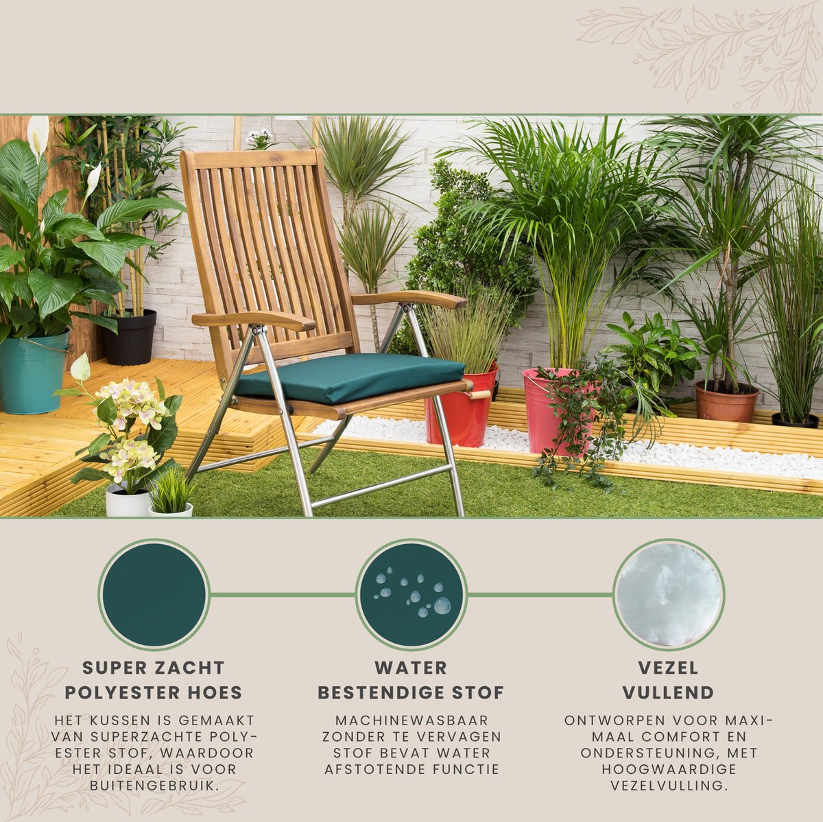 Stoelkussen - Waterbestendige Tuinkussens voor Binnen en Buiten - Zitkussen met Lint - Kussens voor Tuinstoel