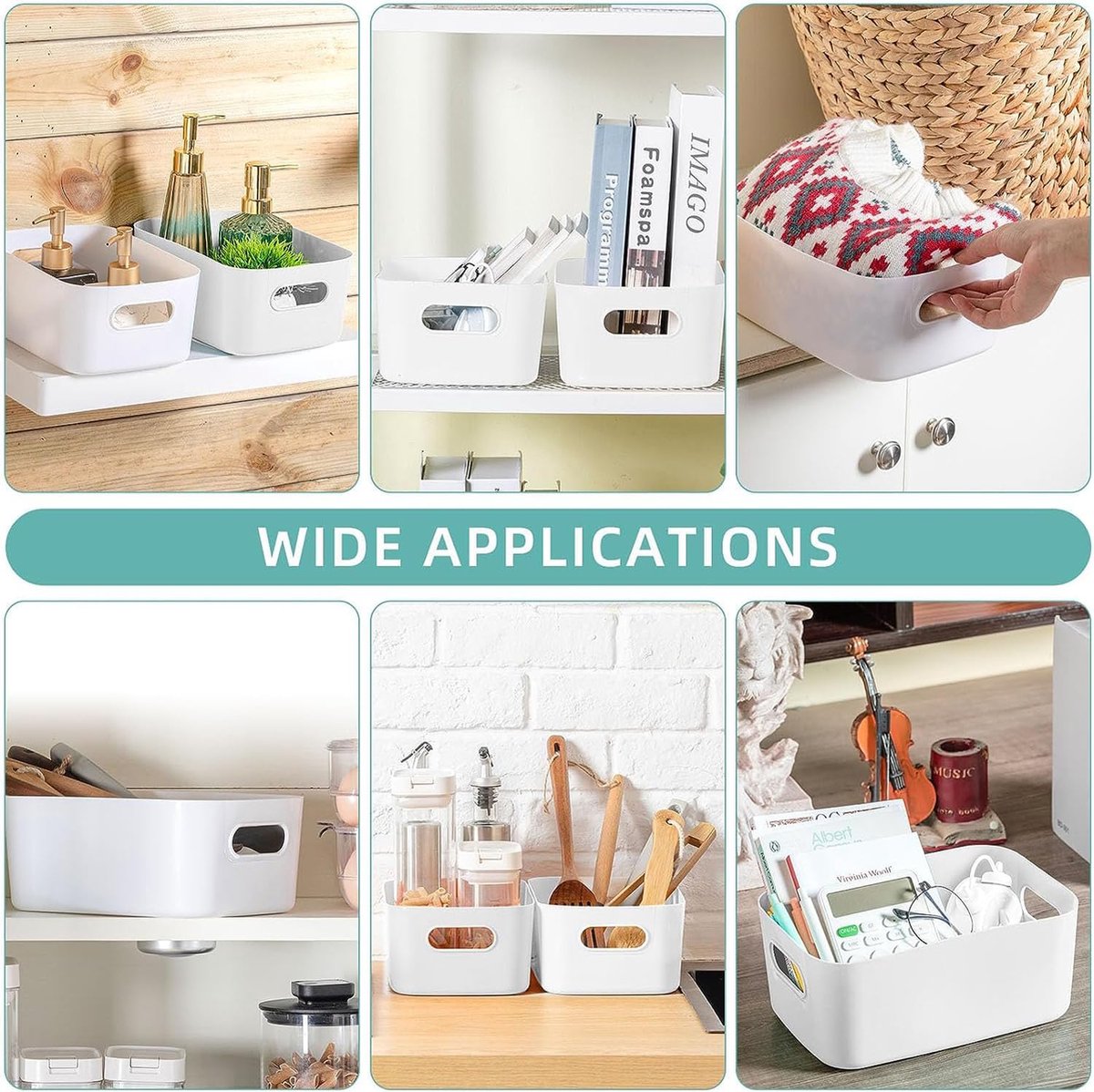 Pack of 10 Storage Bins, Plastic Storage Basket, Kitchen Cabinet Organiser with Handles, Baskets, Plastic Box for Bathroom, Kitchen, Pantry (White, Medium)