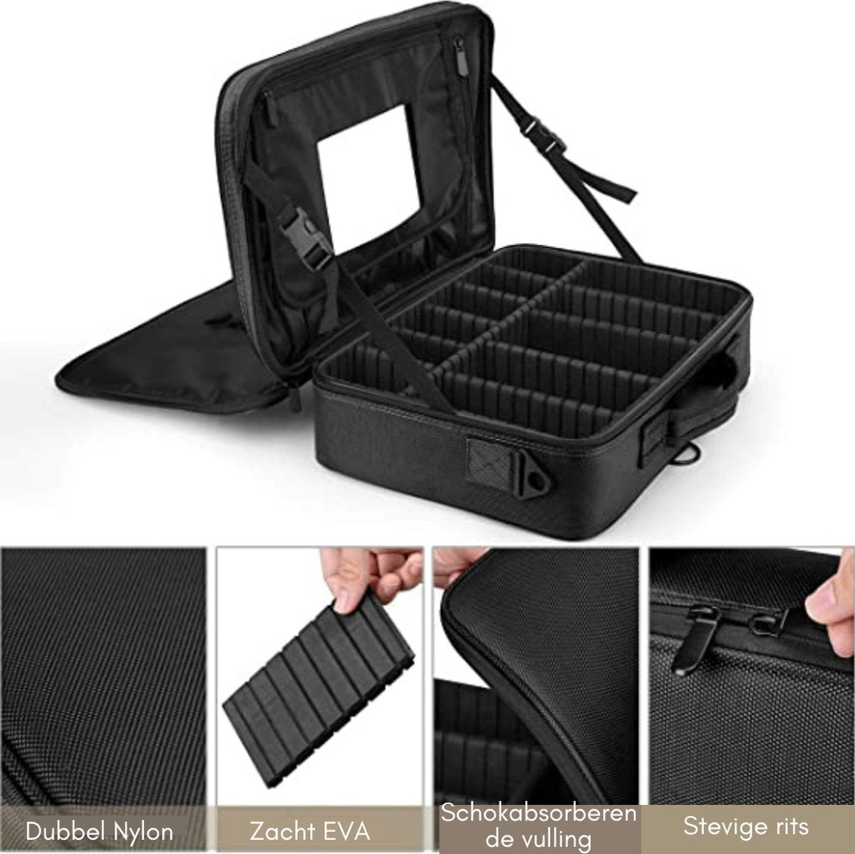 Visagie Trolley - Reizen - Make-up Tas - Cosmetica Koffer - 3 Lagen Groot Professioneel Cosmetisch - Trein Koffer - Draagbaar - Make-up - Kwastenhouder - Organizer - Artiesten Opbergtas Met Schouderriem Spiegel - Zwart