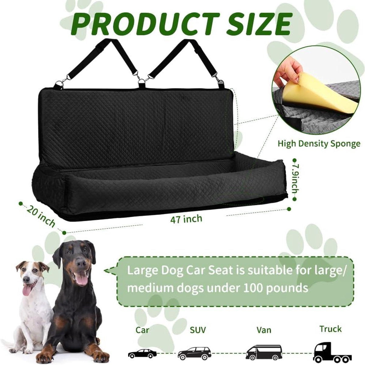 Car seat bed for large and extra large dogs - pet booster back seat - 47 inch x 50 cm - pet travel bed - back seat protector with pocket - SUVs - removable and washable dog bed car