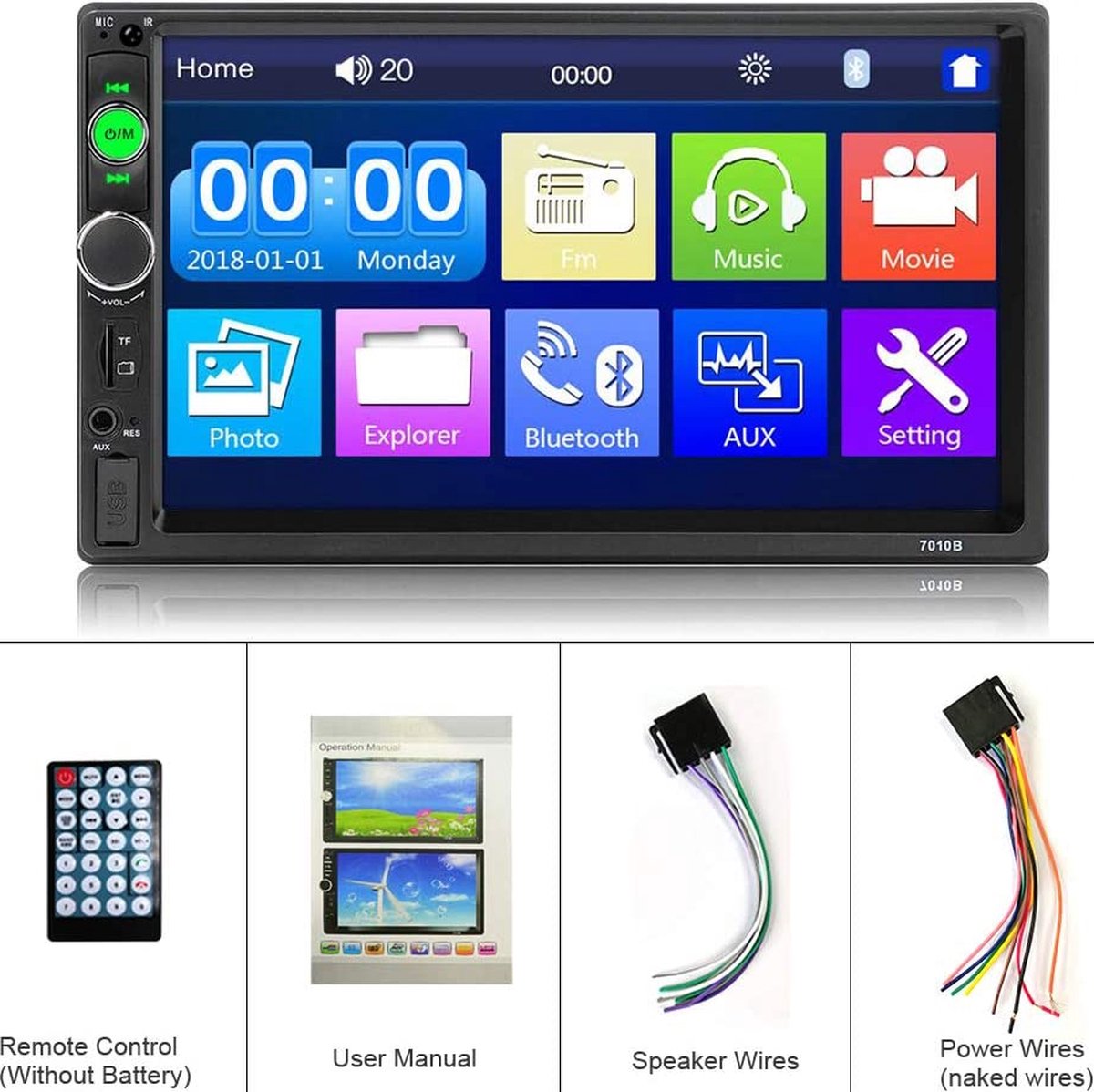 Bluetooth 2-Din Autoradio - 7010B - 17,8 cm - Capacitief Touchscreen Spiegel - Link voor iOS/Android - Telefoon FM-Ontvanger - MP5 Auto Speler USB SD AUX-in