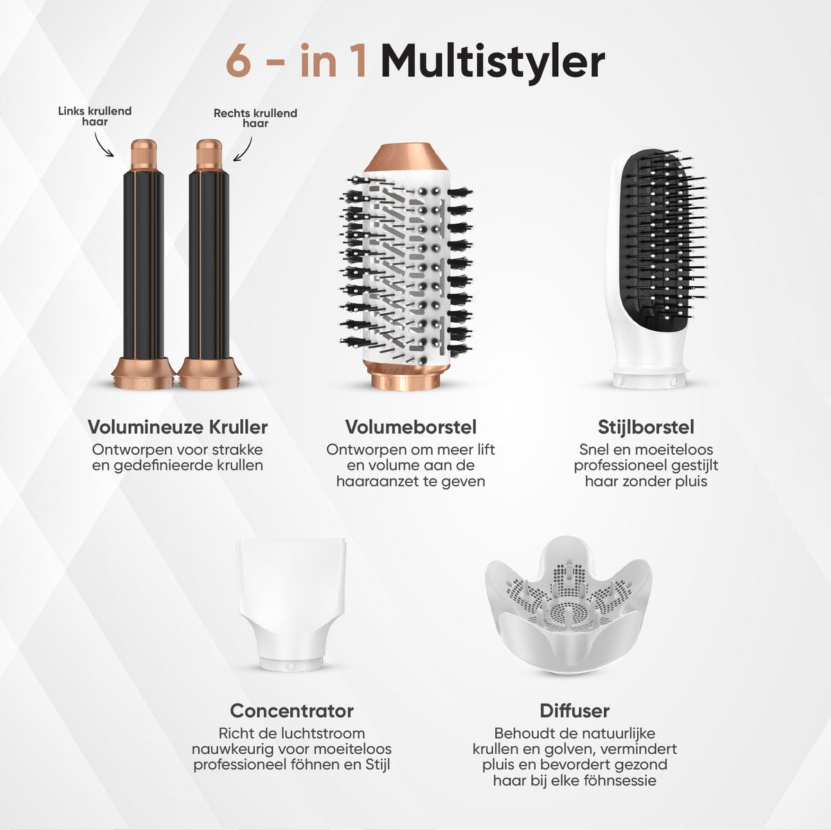 VENEUX® 6-1 Föhnborstel - Airstyler - Krulborstel - Wit / Goud - Krultang