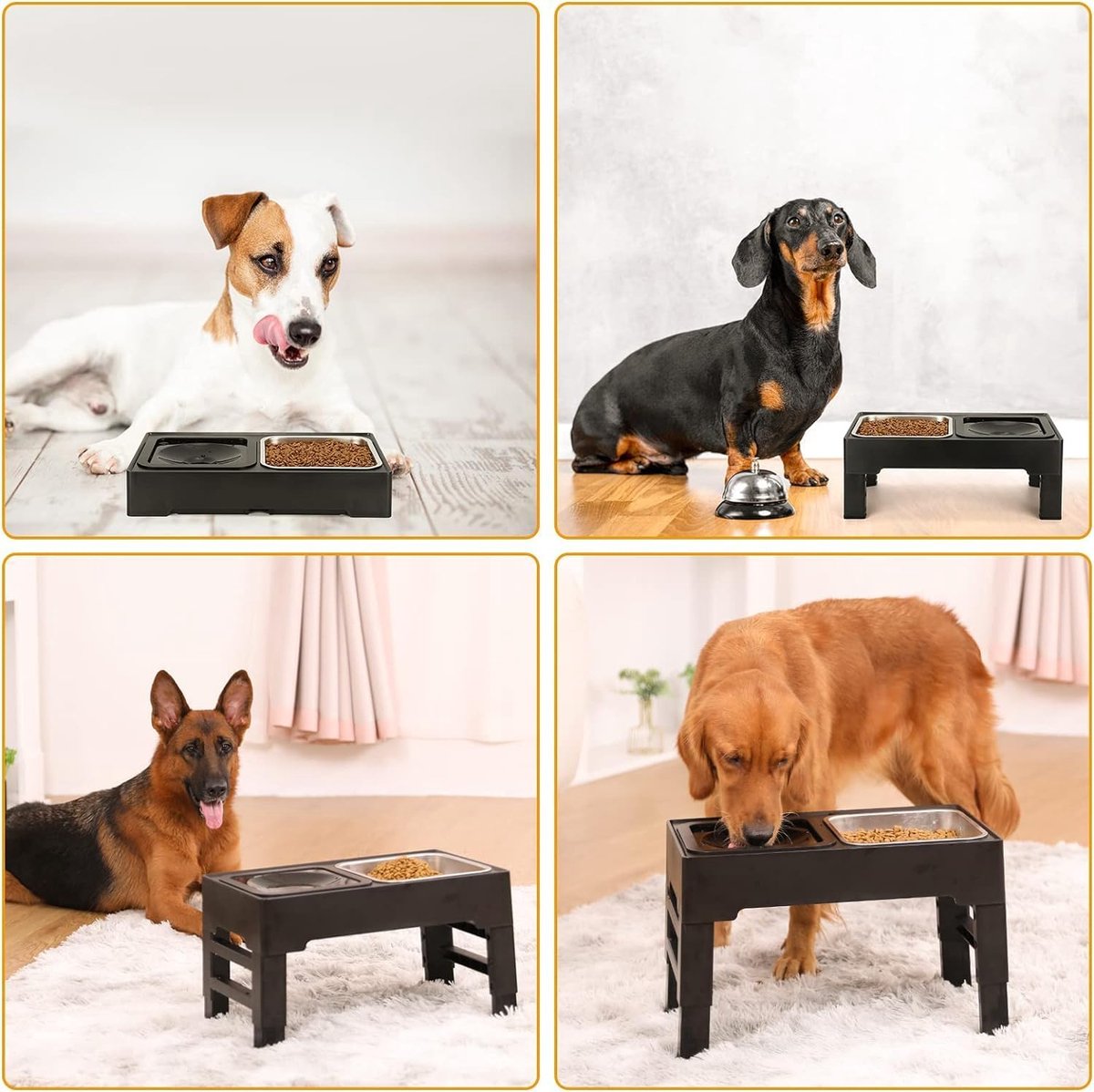 Elevated Dog Bowl (2 x 1.6 L), 4-Way Adjustable Height Food Stand with Dog Bowl, Stainless Steel and Leak-Proof Water Bowl, Foldable and Non-Slip Feeder for Dogs, Raised for