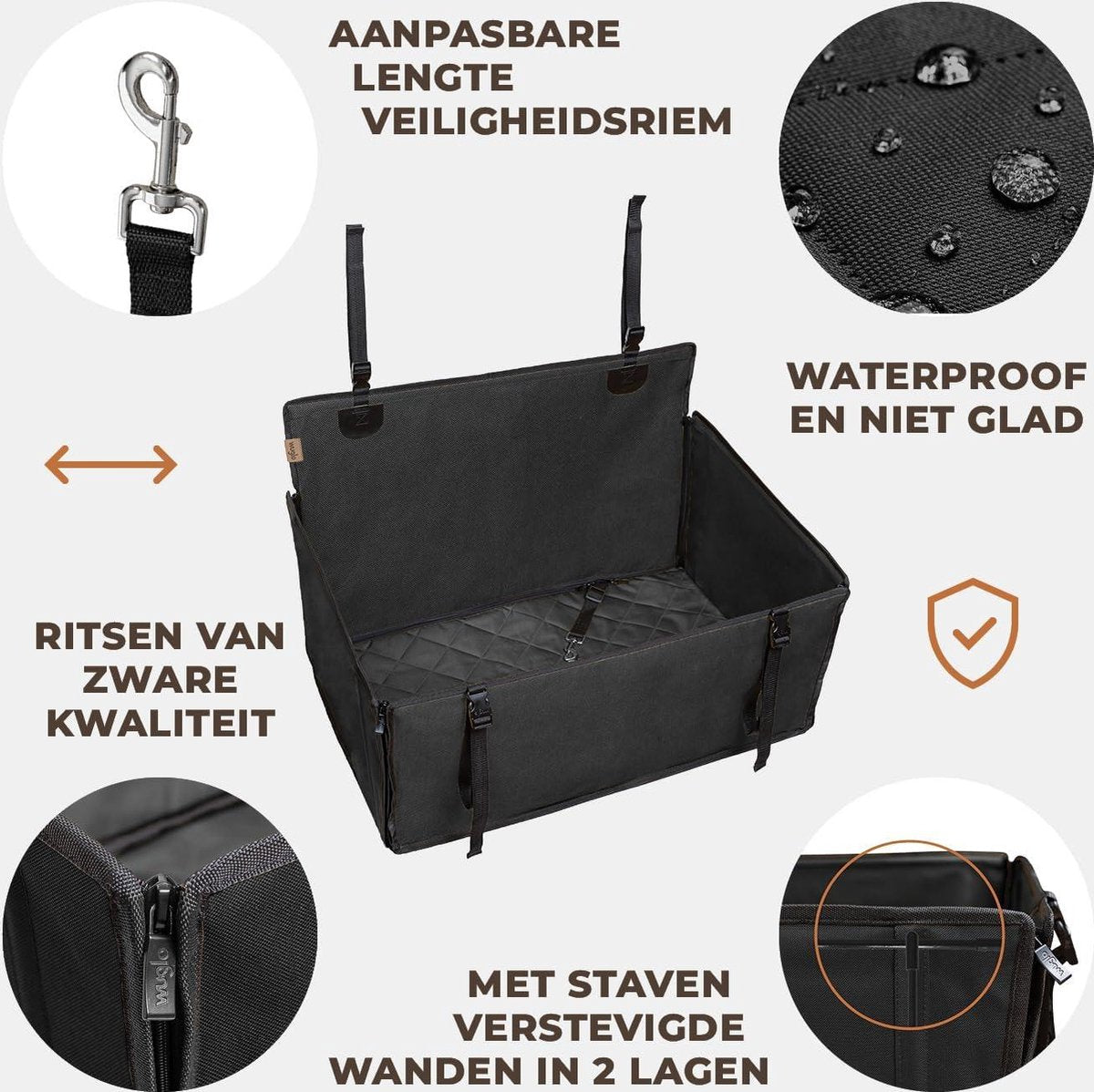 Dog car seat extra reinforced for small and medium-sized dogs - 4 attachment straps - waterproof - back seat - size L - black dog net car