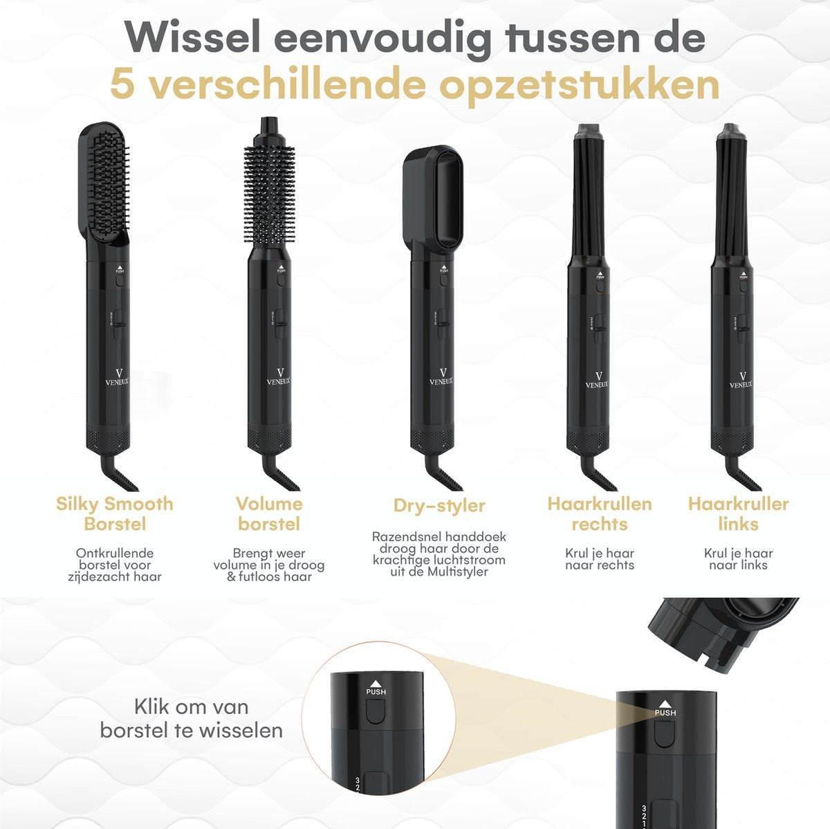 VENEUX® Föhnborstel - Airstyler - Krulborstel - Krultangen - 5 in 1 Multistyler - Met Opbergcase - Zwart
