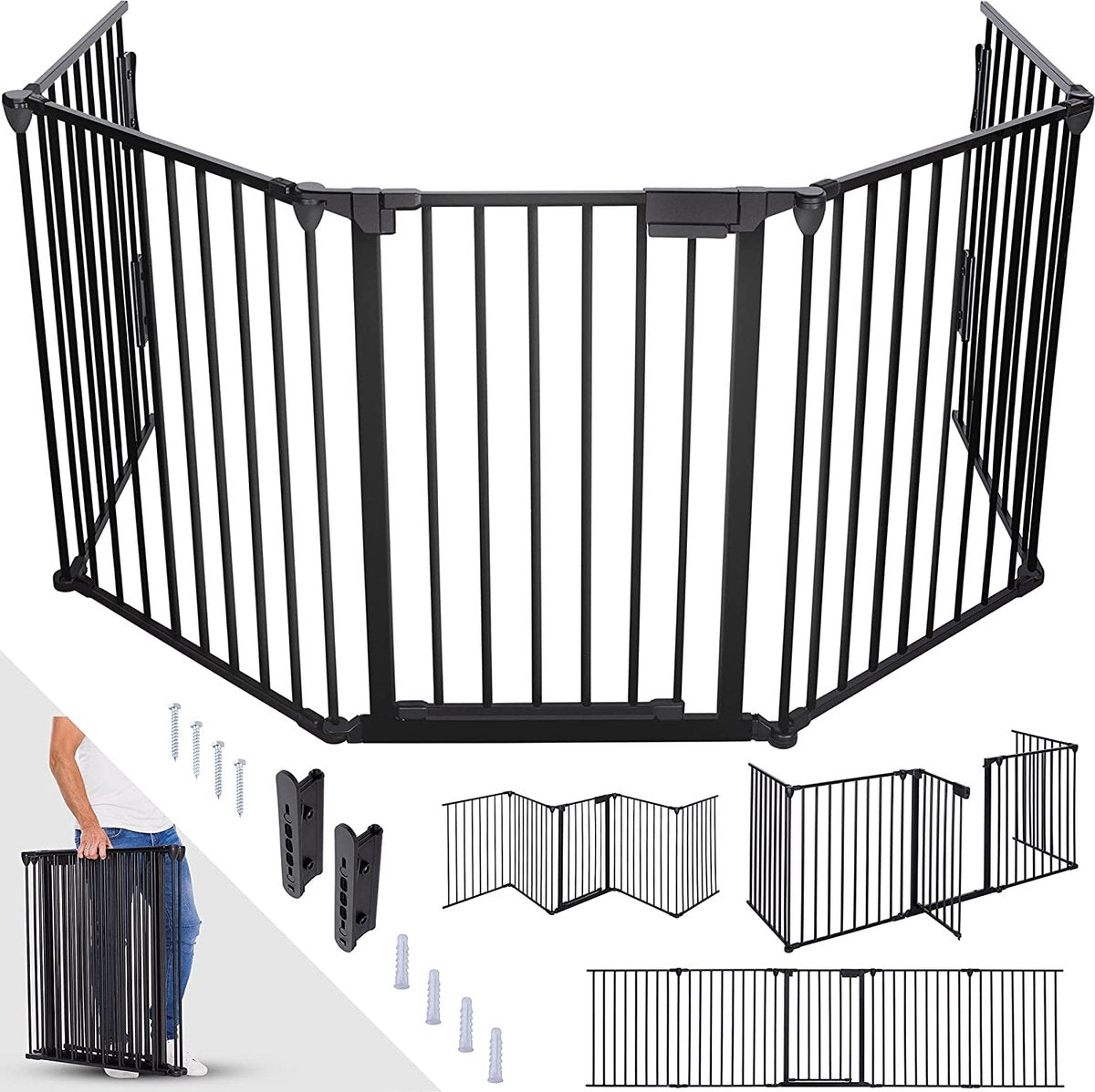 NaSK - Metalen Veiligheidshek 305 cm - Voor Huisdieren & Kinderen - Kachelhek, Vouwbaar Veiligheidsrooster voor Oven - Configuratierooster incl. 5 elementen, deur