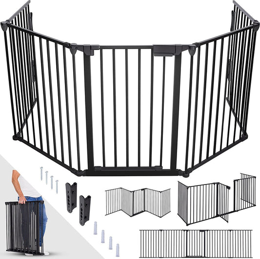 NaSK - Metalen Veiligheidshek 305 cm - Voor Huisdieren & Kinderen - Kachelhek, Vouwbaar Veiligheidsrooster voor Oven - Configuratierooster incl. 5 elementen, deur