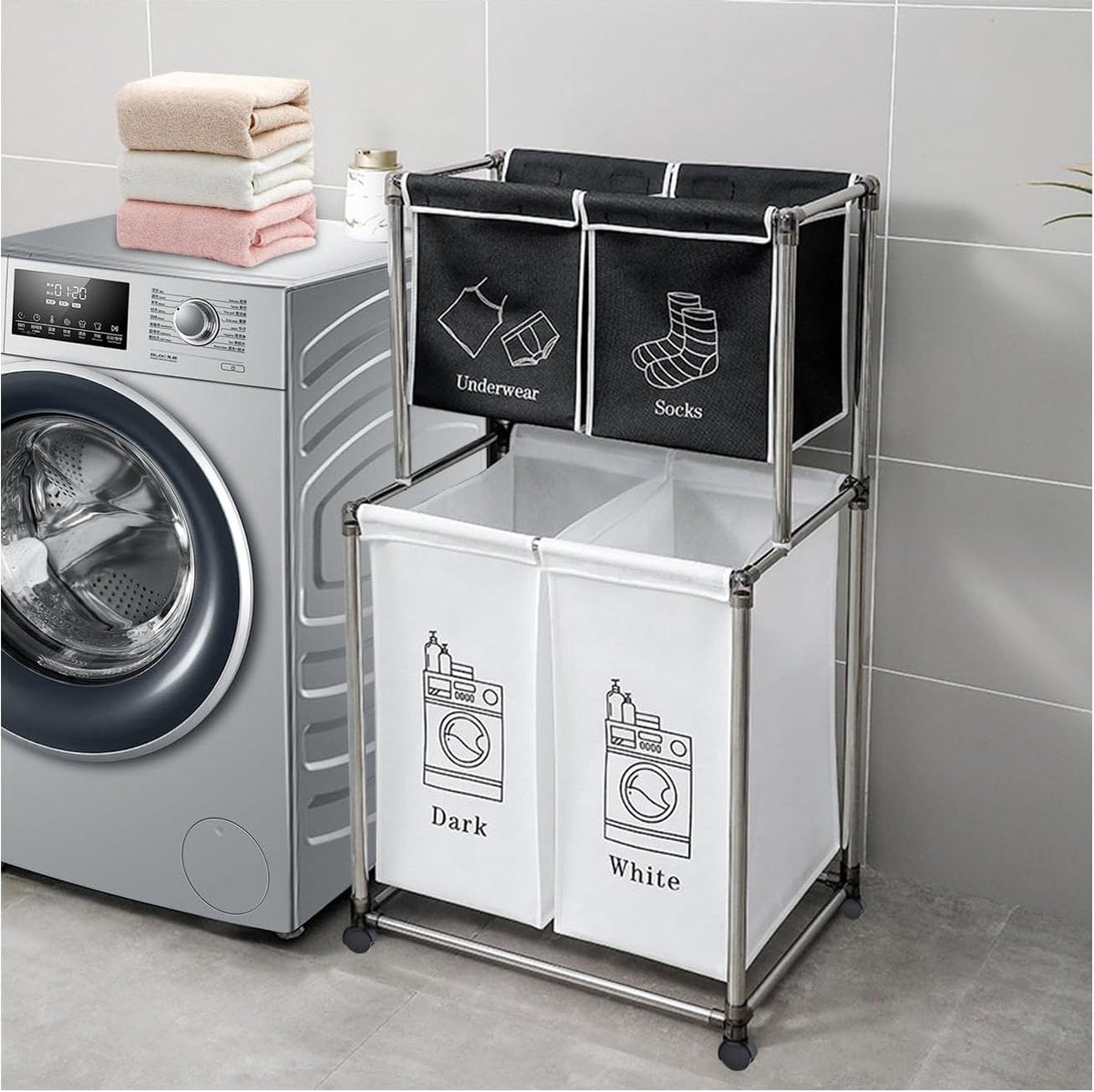 Laundry basket with 4 compartments, 200 liter laundry box with wheels, foldable large laundry basket, laundry sorter Laundry sorting system Laundry basket for laundry room, bedroom, nursery