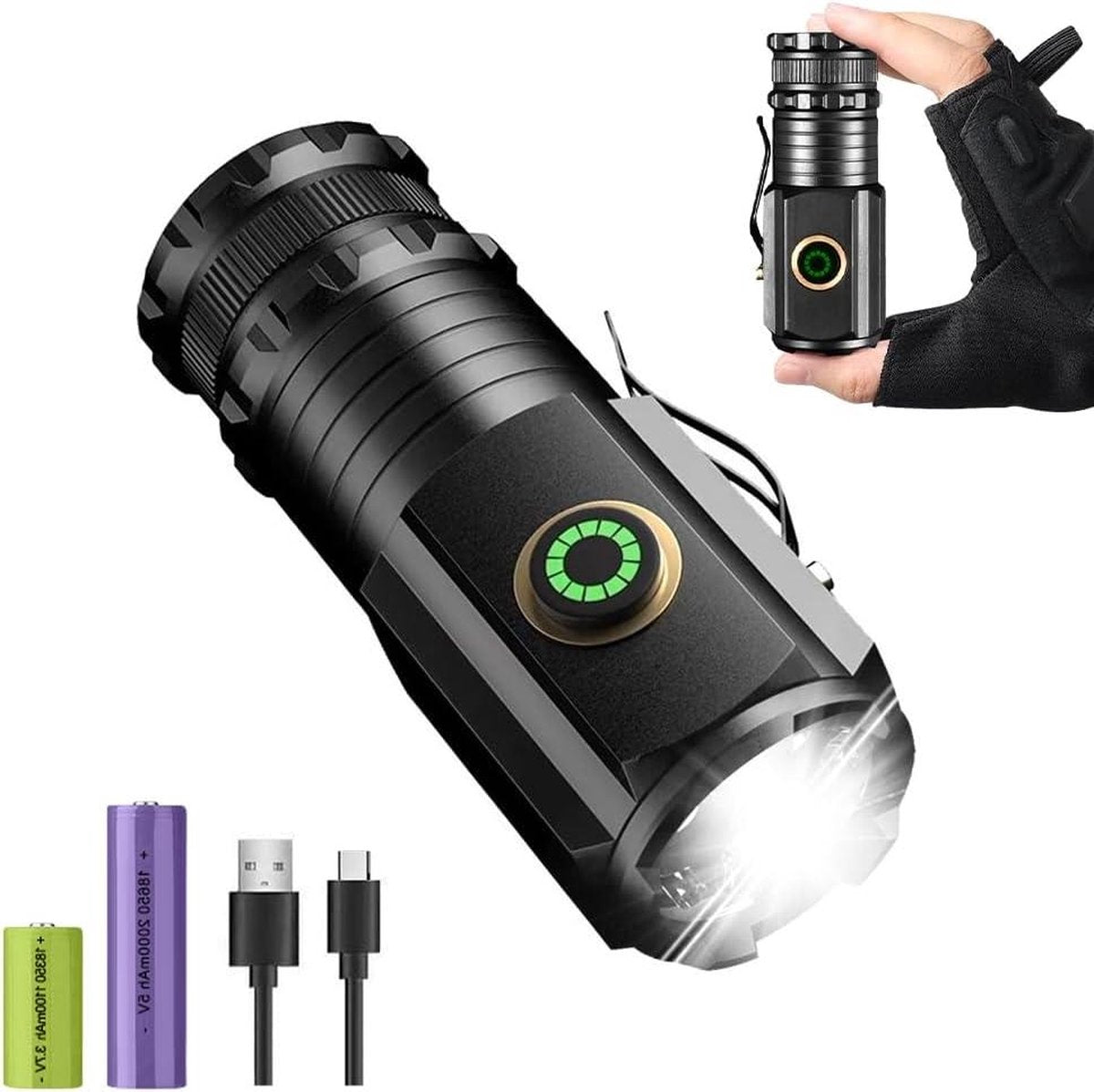 3 led oplaadbare mini-zaklamp 5000 lumen tactisch-verstelbare lengte-2 batterijen-5 lichtmodi-IPX6 waterdicht-kamperen-wandelen-vissen