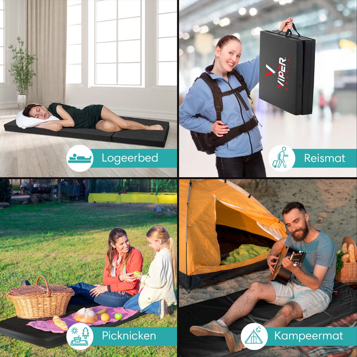 Viper Sports SleepFlex - 195 x 85 x 10 cm - Professional Foldable Sleeping Mat - Camping Mat - Outdoor Mat - Portable Mattress - Extra thick – Black