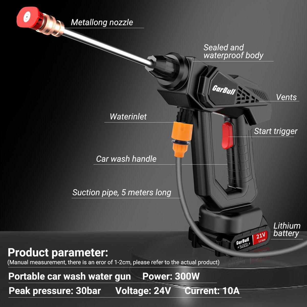 Accu hogedrukreiniger - Draadloze Hogedrukreiniger - met 1 Accu - 2000mAh - voor Auto, Tuin, Terras, Raam