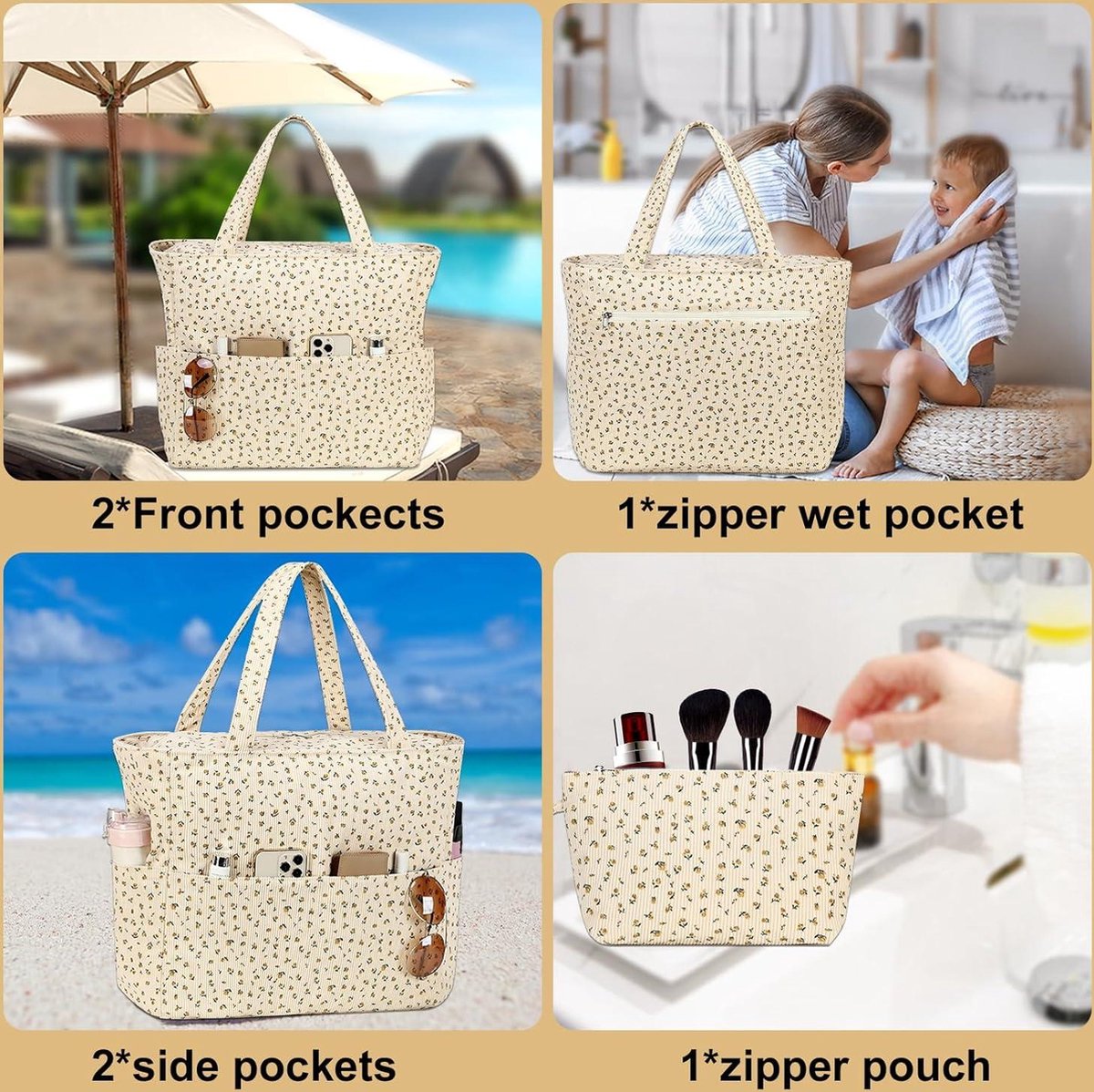 Large strandtas dames - schoudertas met ritssluiting - waterdicht en zanddicht - handtas voor gym en zwembad - met nat vak - reizen zwembad Tote bag met rits
