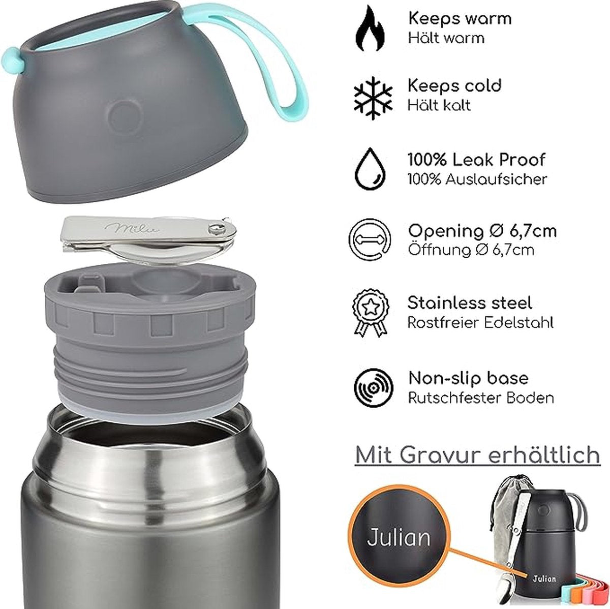 Thermo lunchbox 450, 650, 800 ml | Roestvrijstalen isolatiehouder voor warme gerechten, eten, babyvoeding, soep, fruit | Thermobox voor baby | Thermodoos (Grijs, 650ml)