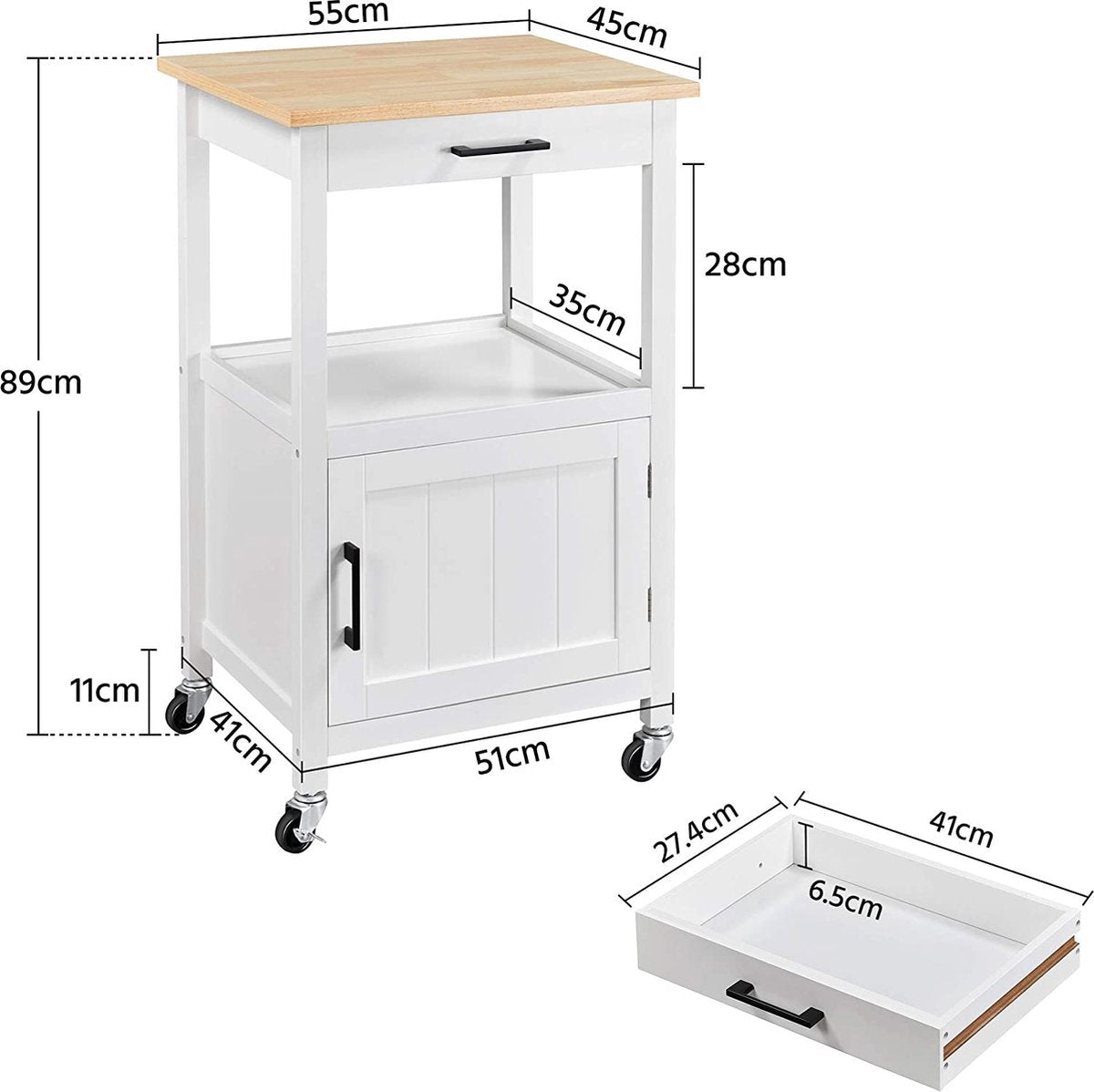 Kitchen cart on wheels, serving cart with cabinet and shelf, wooden worktop, rolling cart 55 x 45 x 89 cm, kitchen trolley in country style, white