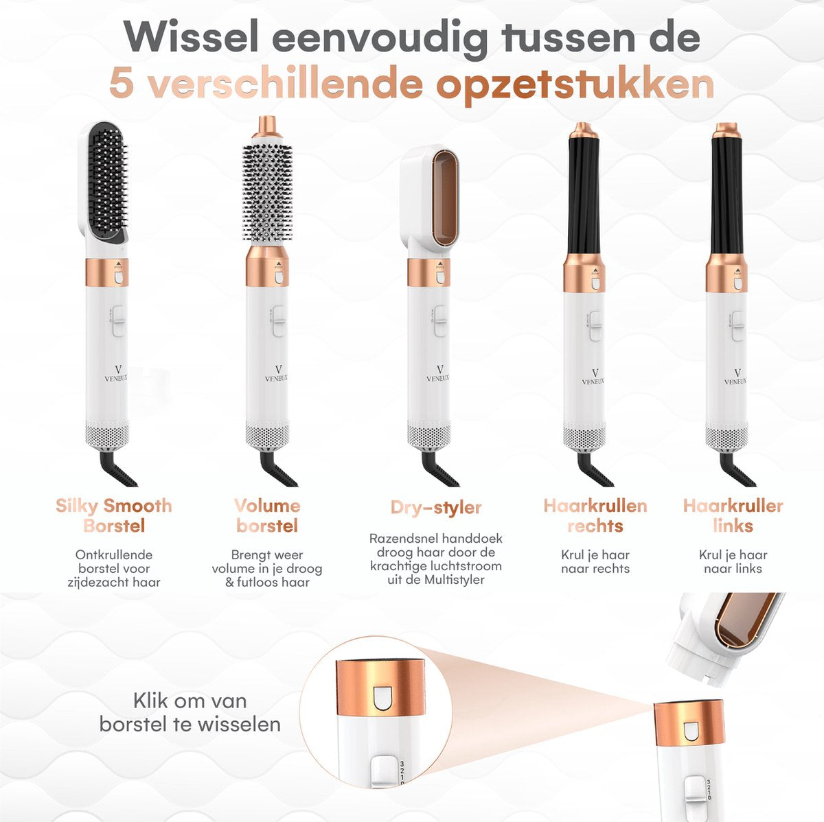 VENEUX® Föhnborstel - Airstyler - Krulborstel - Krultangen - 5 in 1 Multistyler - Wit