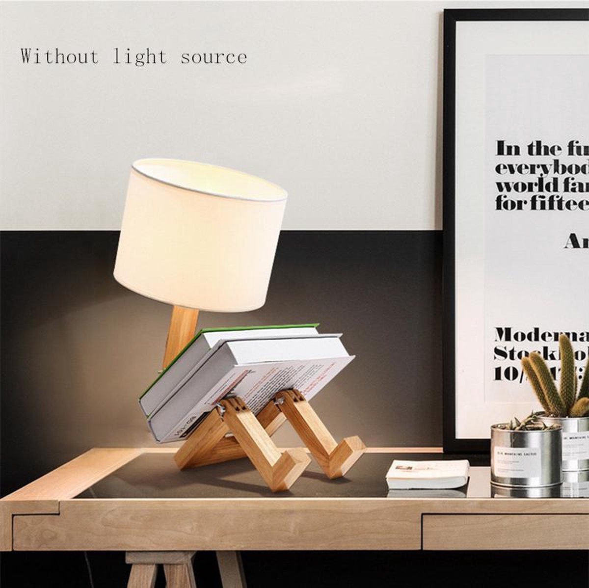 TDR - LED-bureaulamp met boekenhouder - Scandinavisch design - Witte stoffen kap - Houten mannetje met verstelbare gewrichten - Exclusief lichtbron