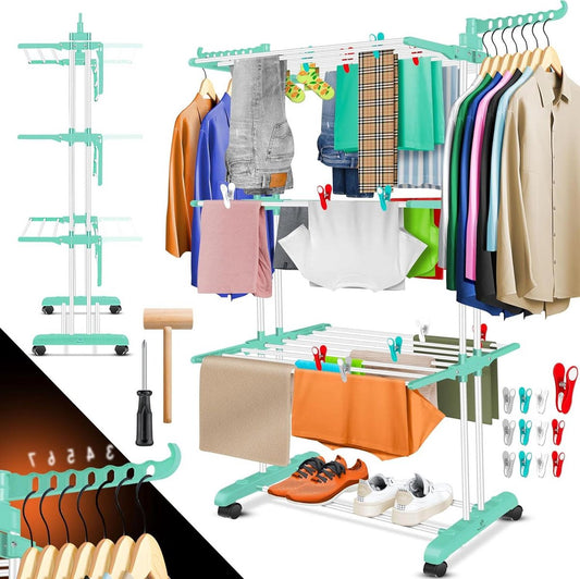 Clothes drying tower with wheels - Space-saving clothes dryer for indoor & outdoor use - 4 levels - 2 swivel side wings - 6 foldable levels - Standing dryer - Foldable clothes rack