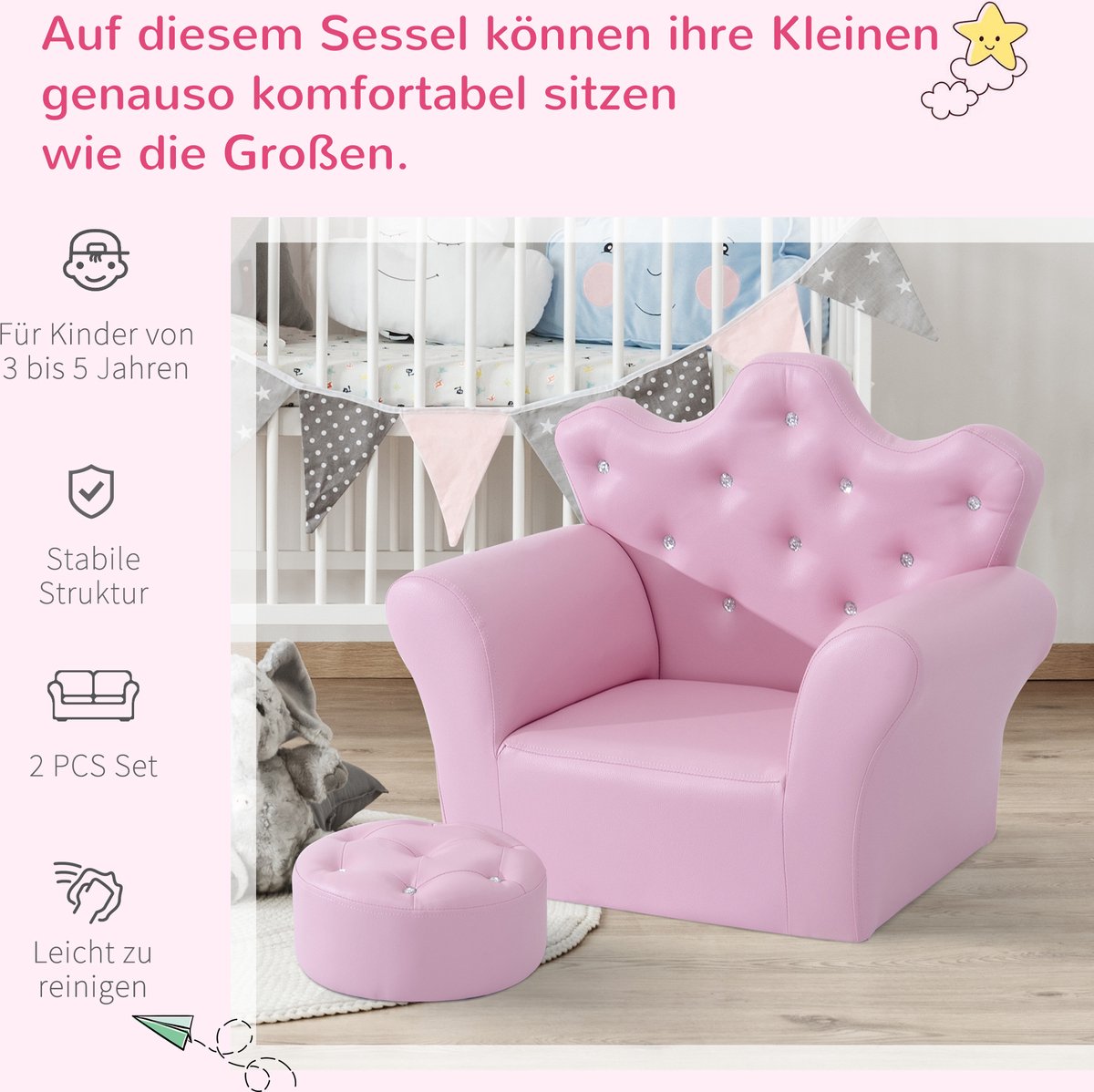 Children's sofa with crystal buttons and ottoman pink